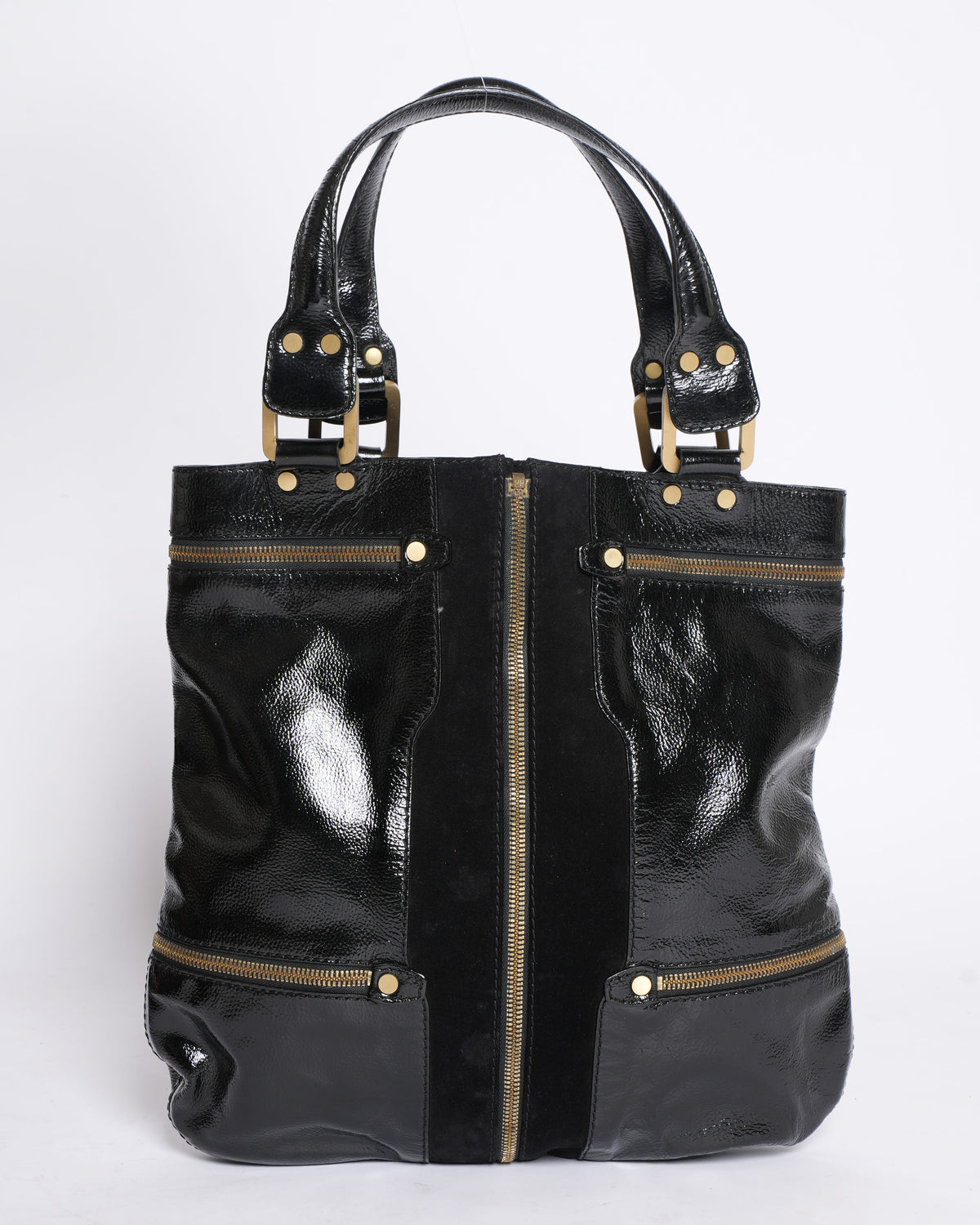 Jimmy Choo Black Patent Leather & Suede Mona Tote Bag