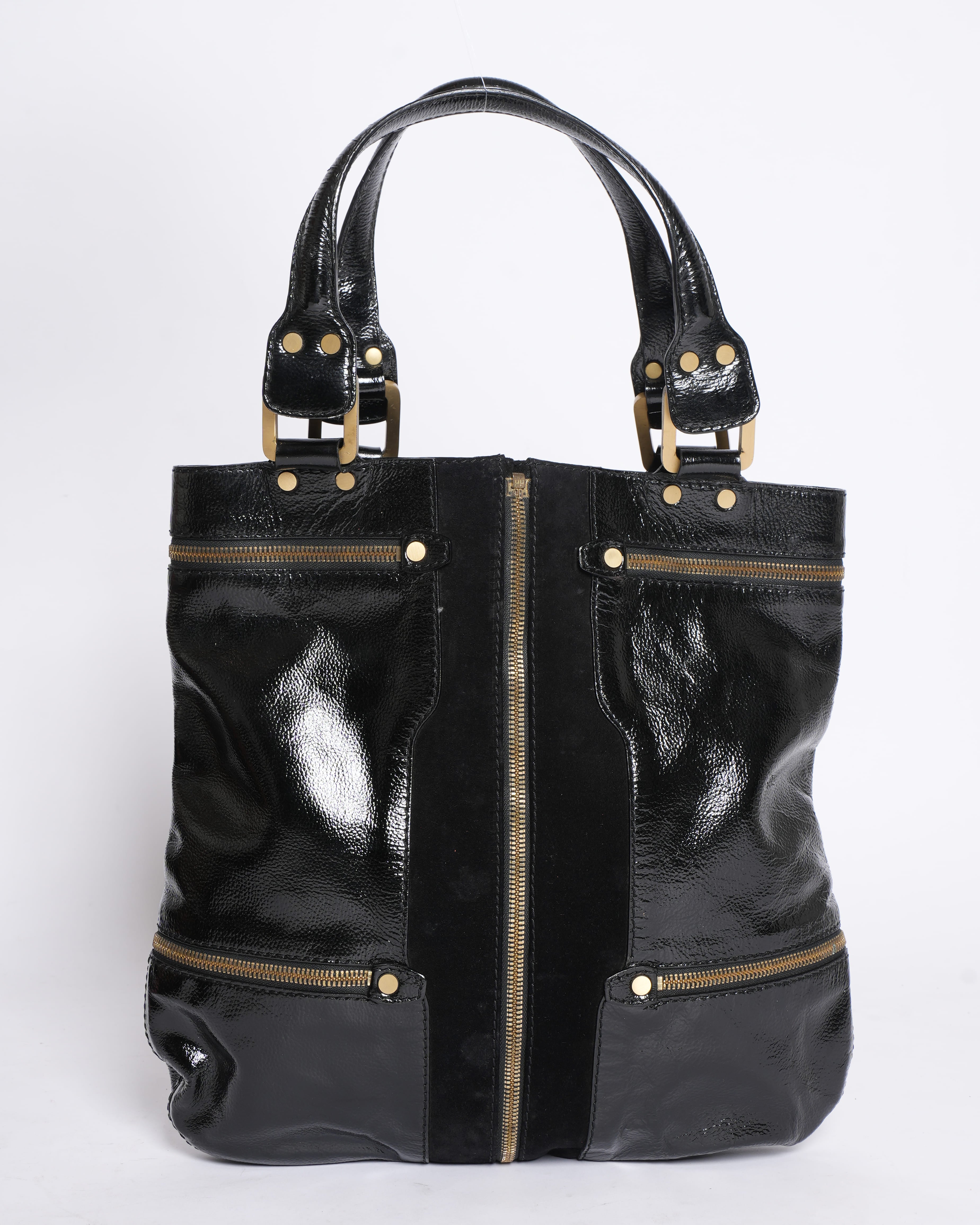 Jimmy Choo Black Patent Leather & Suede Mona Tote Bag