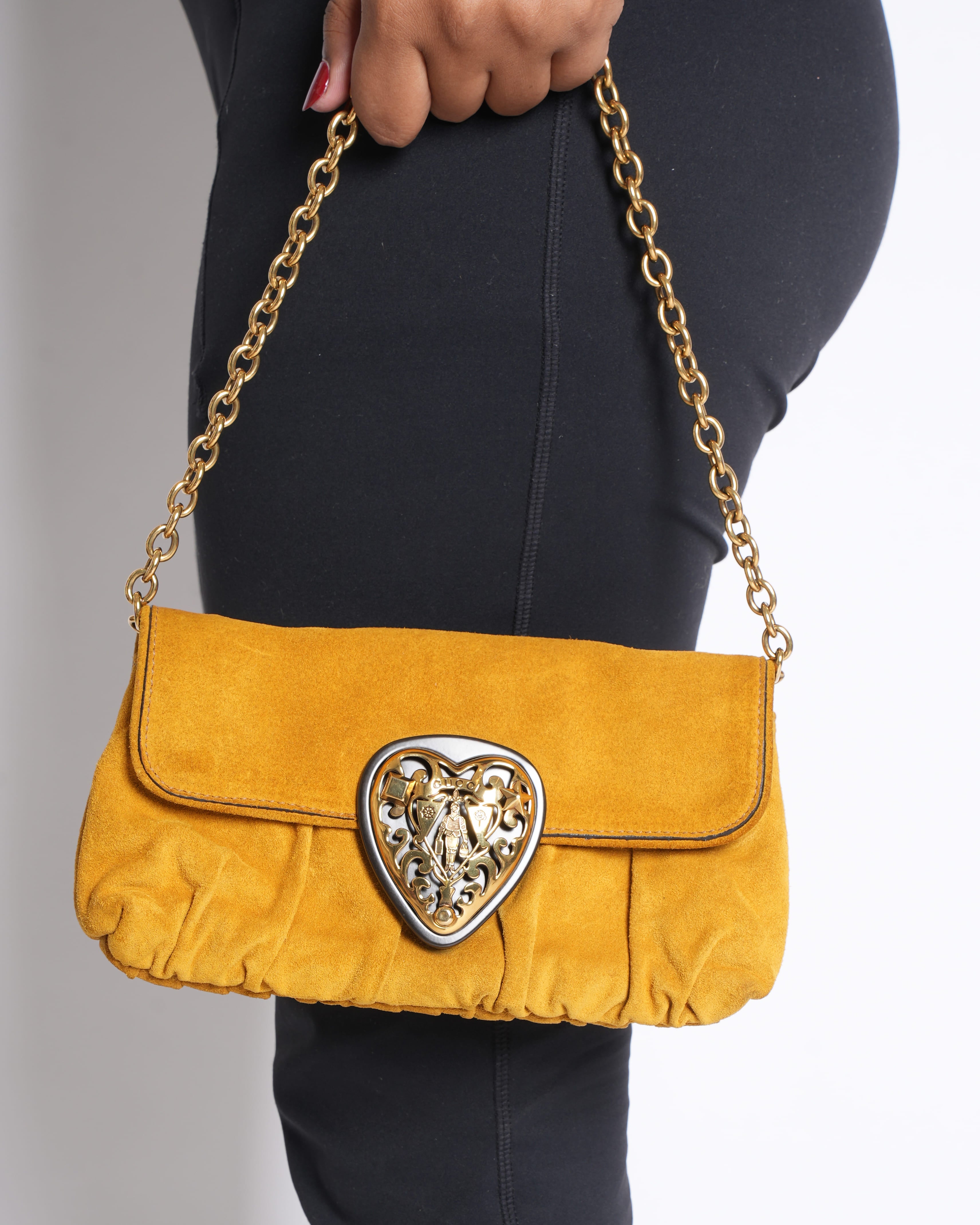 Gucci Mustard Yellow Suede Babouska Heart Chain Shoulder Bag