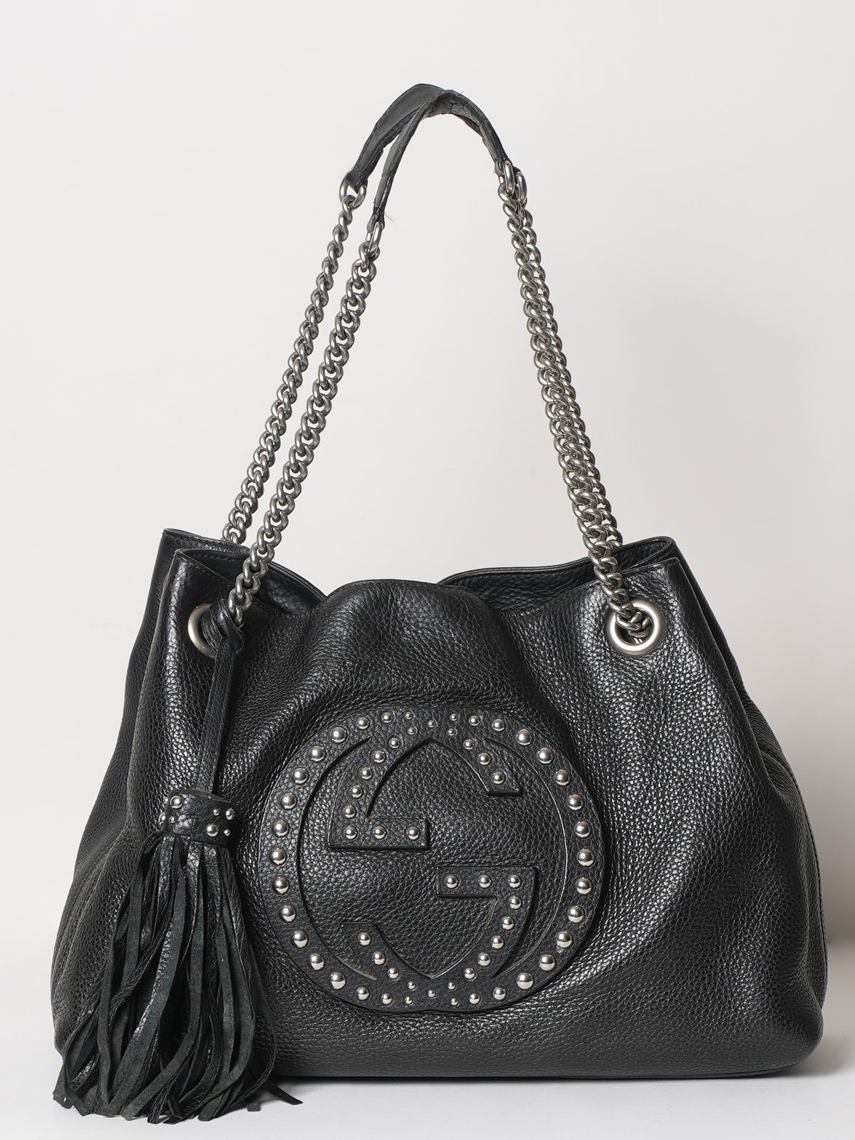 Gucci Black Pebbled Leather Studded Soho Chain Tote
