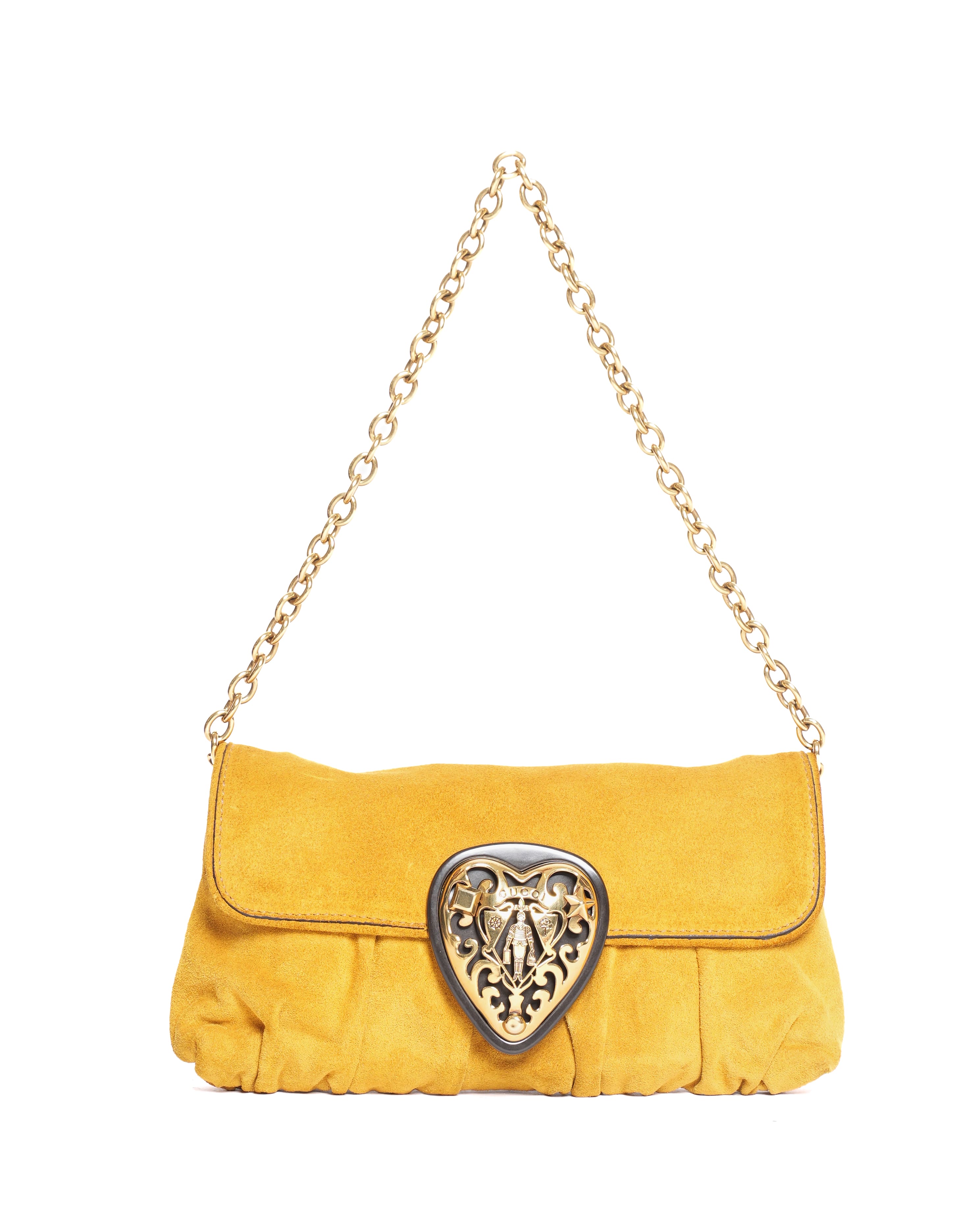 Gucci Mustard Yellow Suede Babouska Heart Chain Shoulder Bag