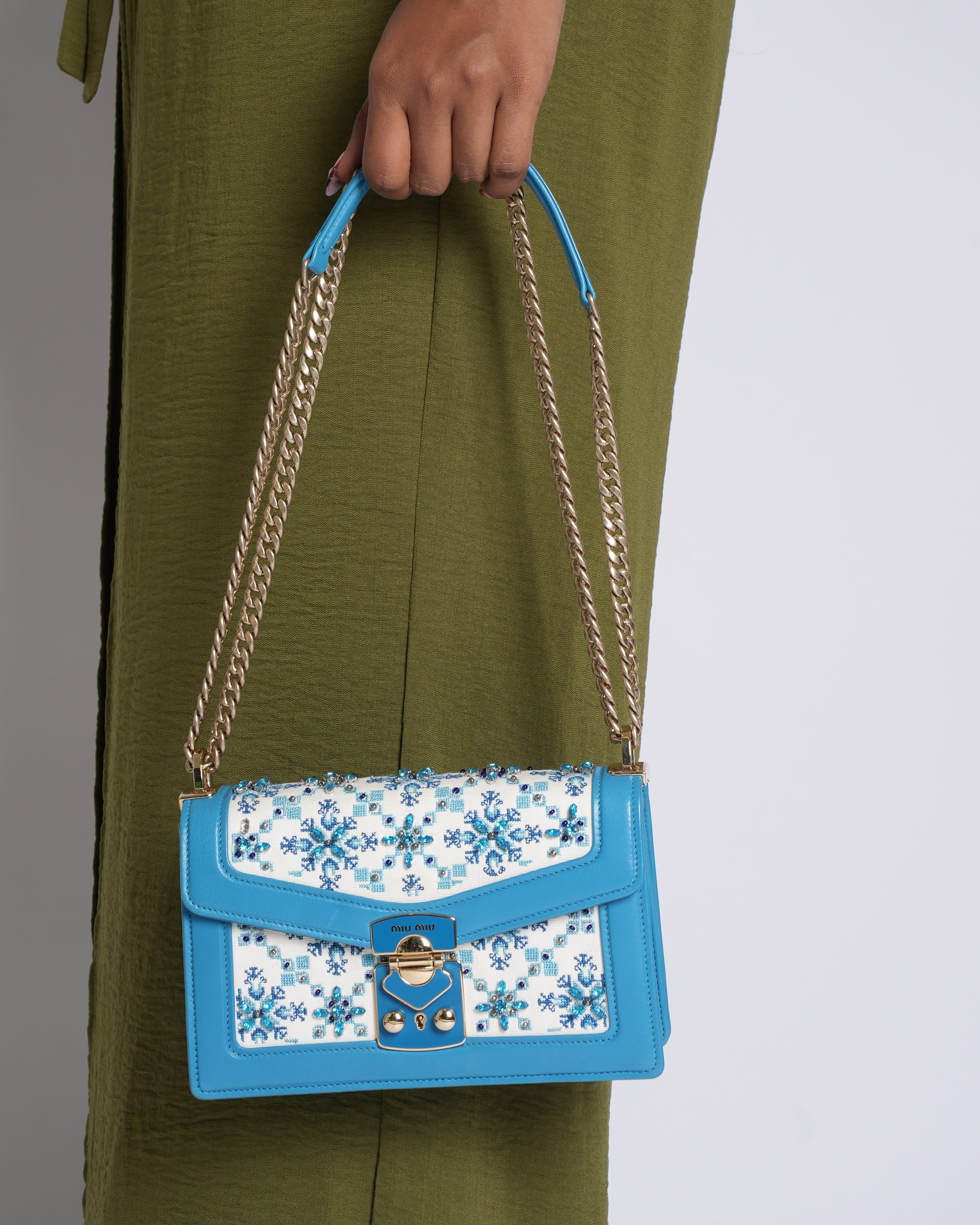New Miu Miu Pixel-Embroidered Bag in Blue
