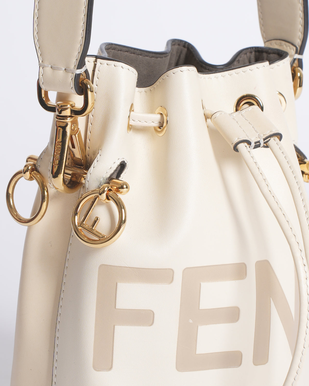 Fendi White Leather Mini Logo Mon Trésor Drawstring Bucket Bag