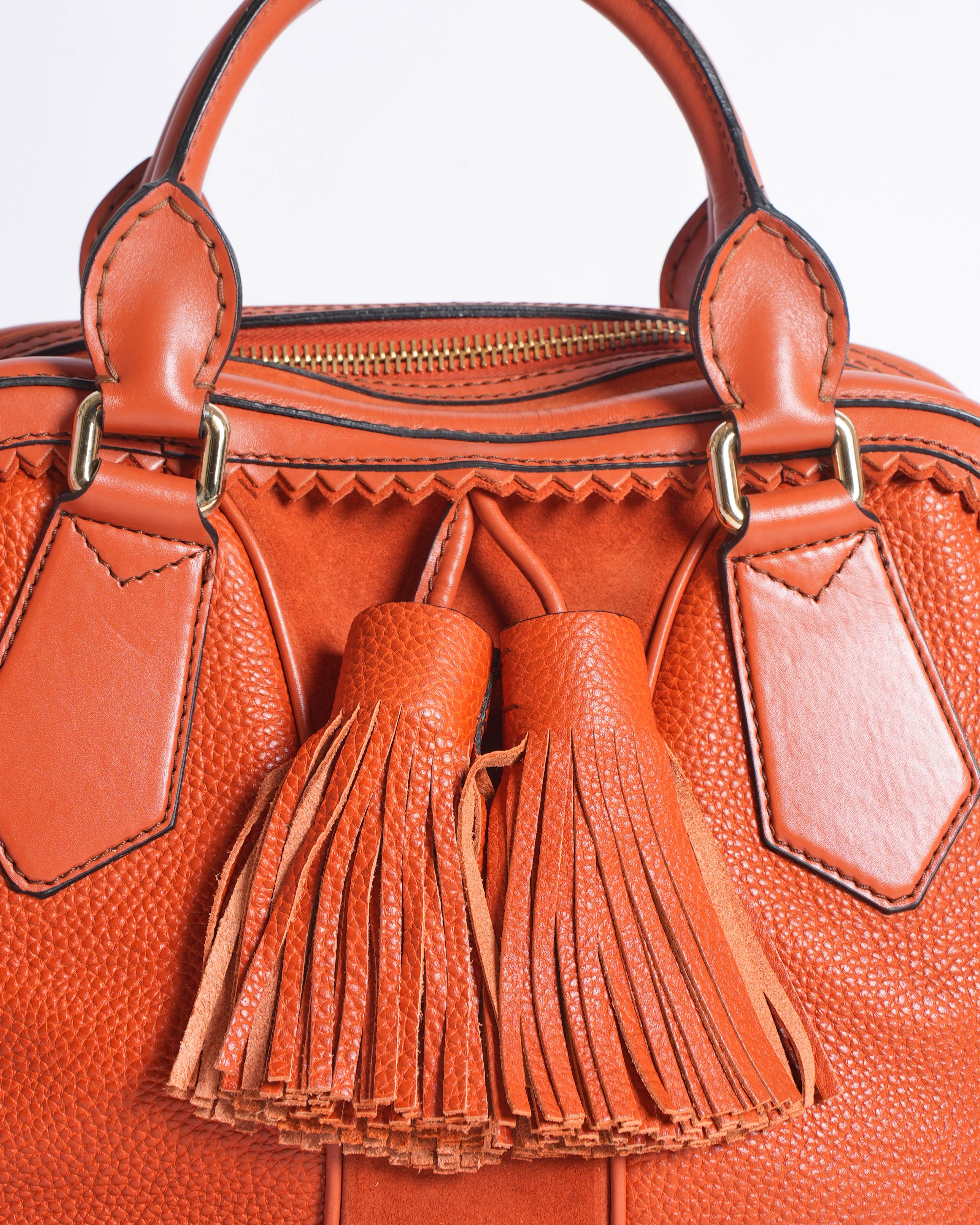 Burberry Orange Leather and Suede Tassel Satchel