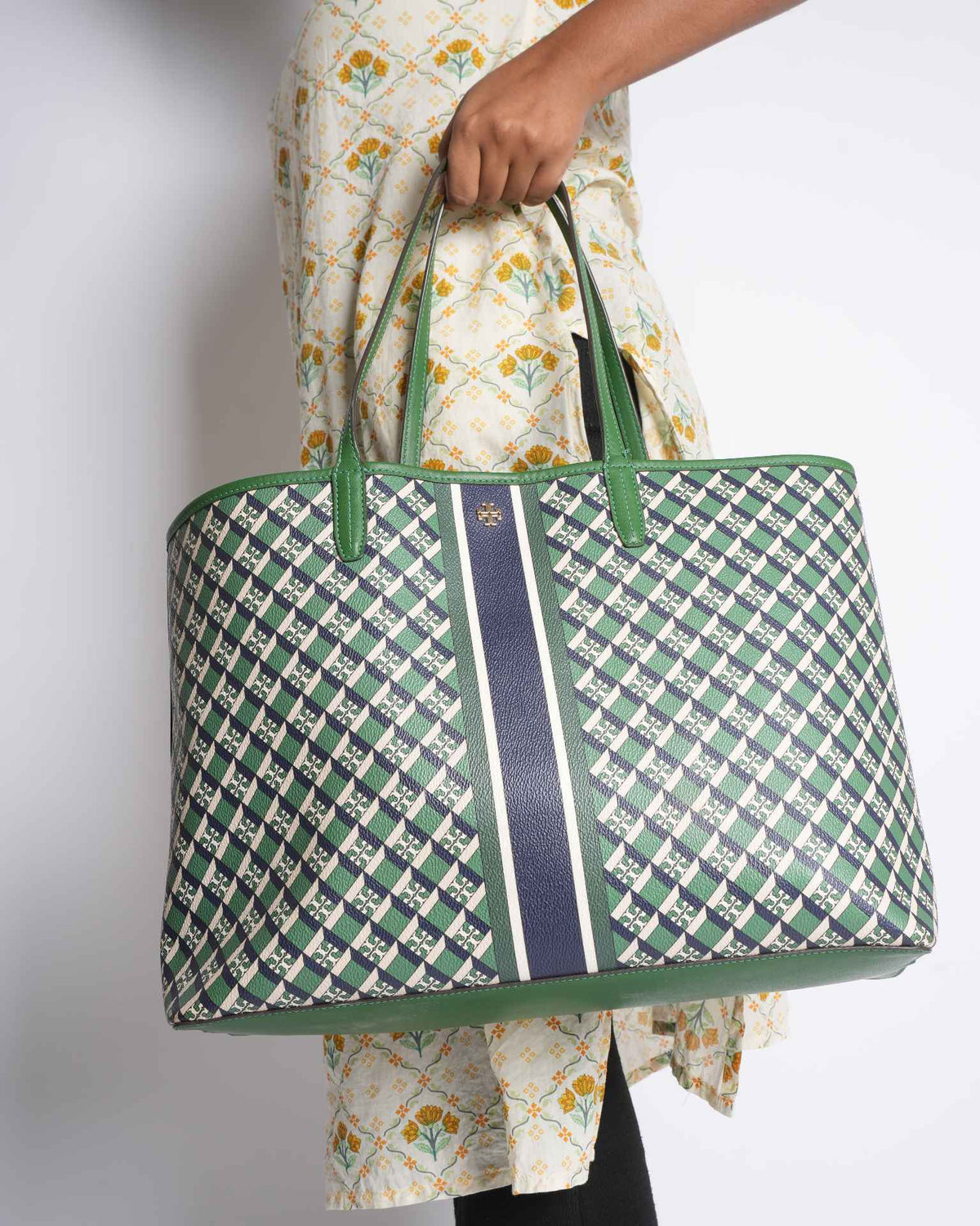 Tory Burch Geo Logo Stripe Tote Bag In Green