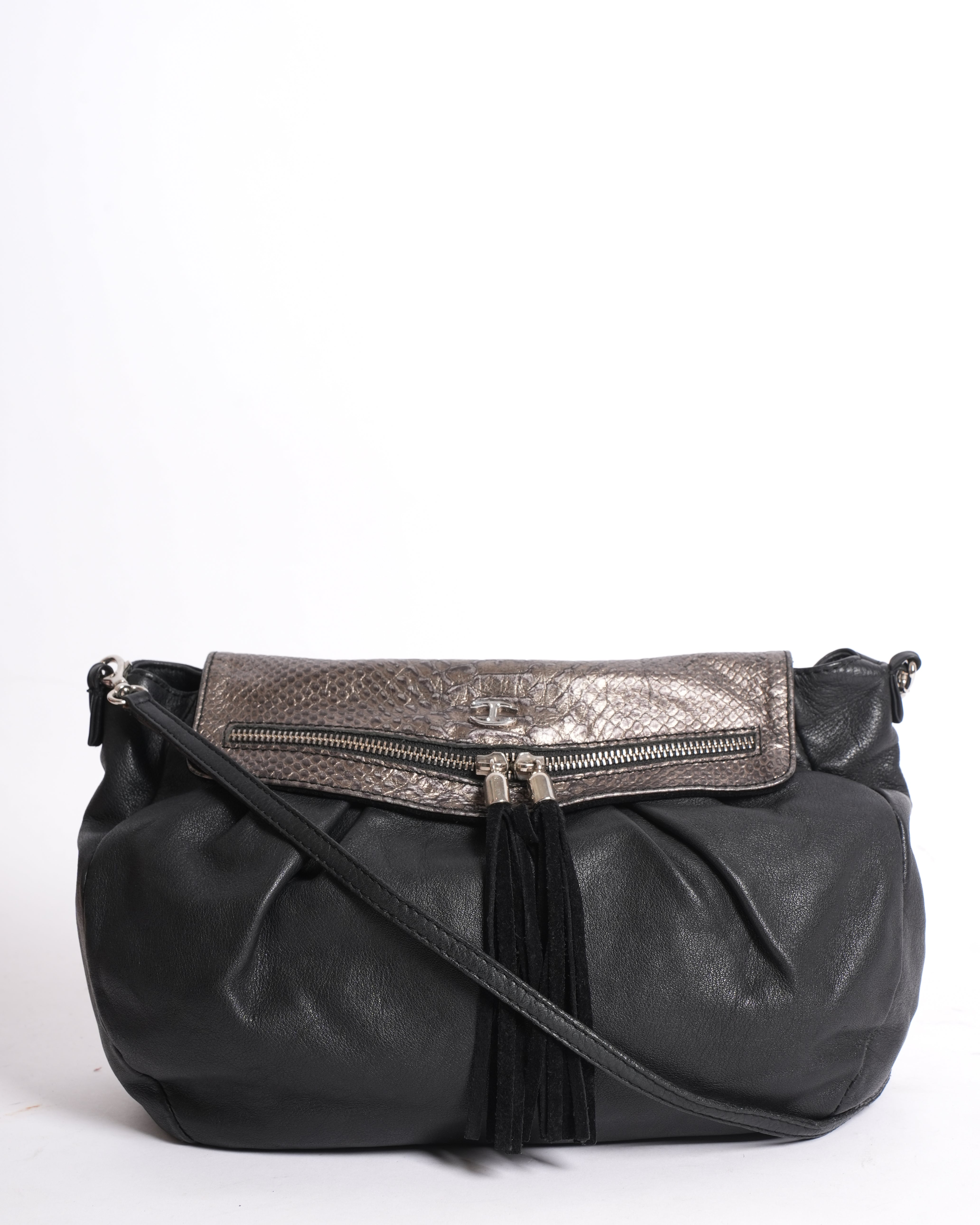 Roberto Cavalli Black Leather Tassel Crossbody Bag
