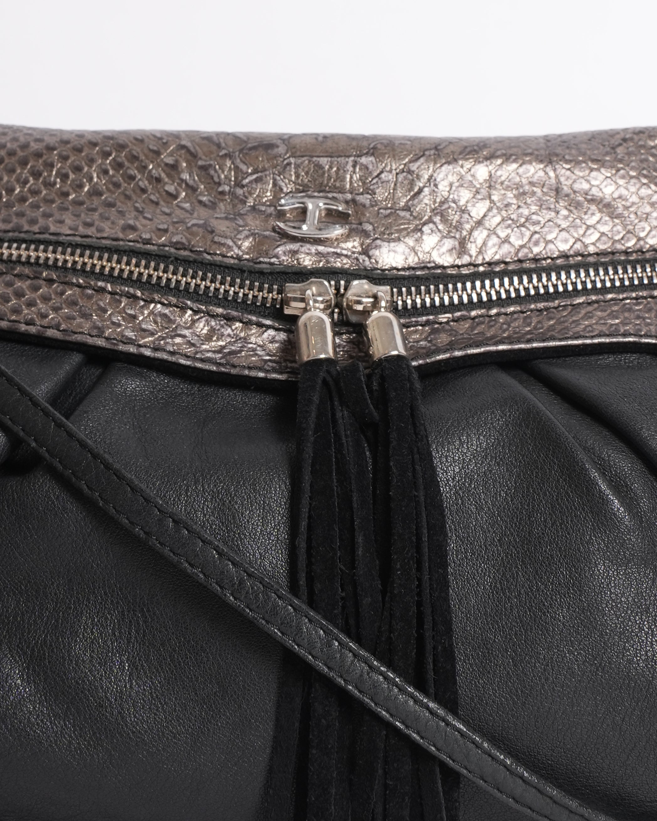 Roberto Cavalli Black Leather Tassel Crossbody Bag