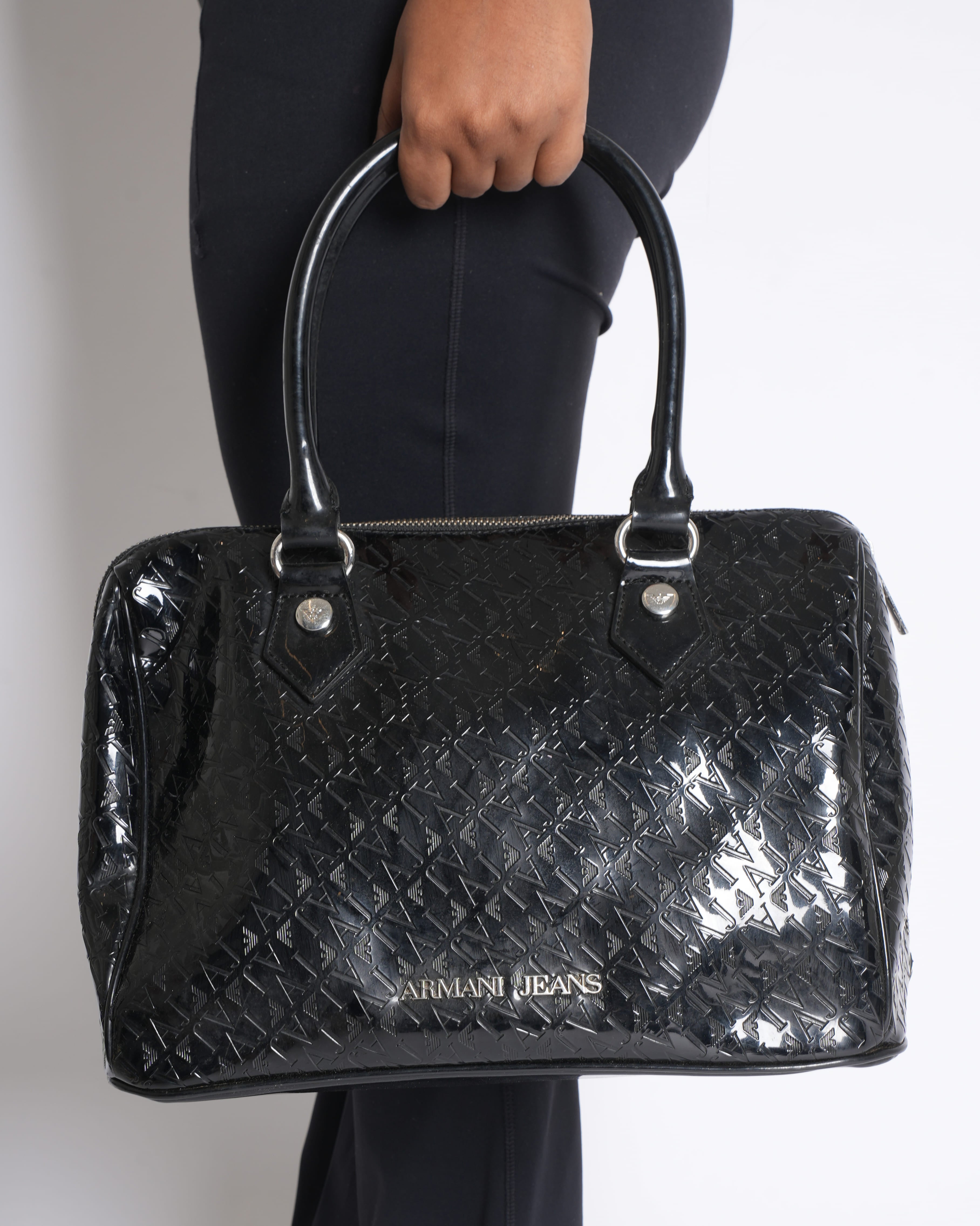 Armani Jeans Black Patent Leather Tote Bag