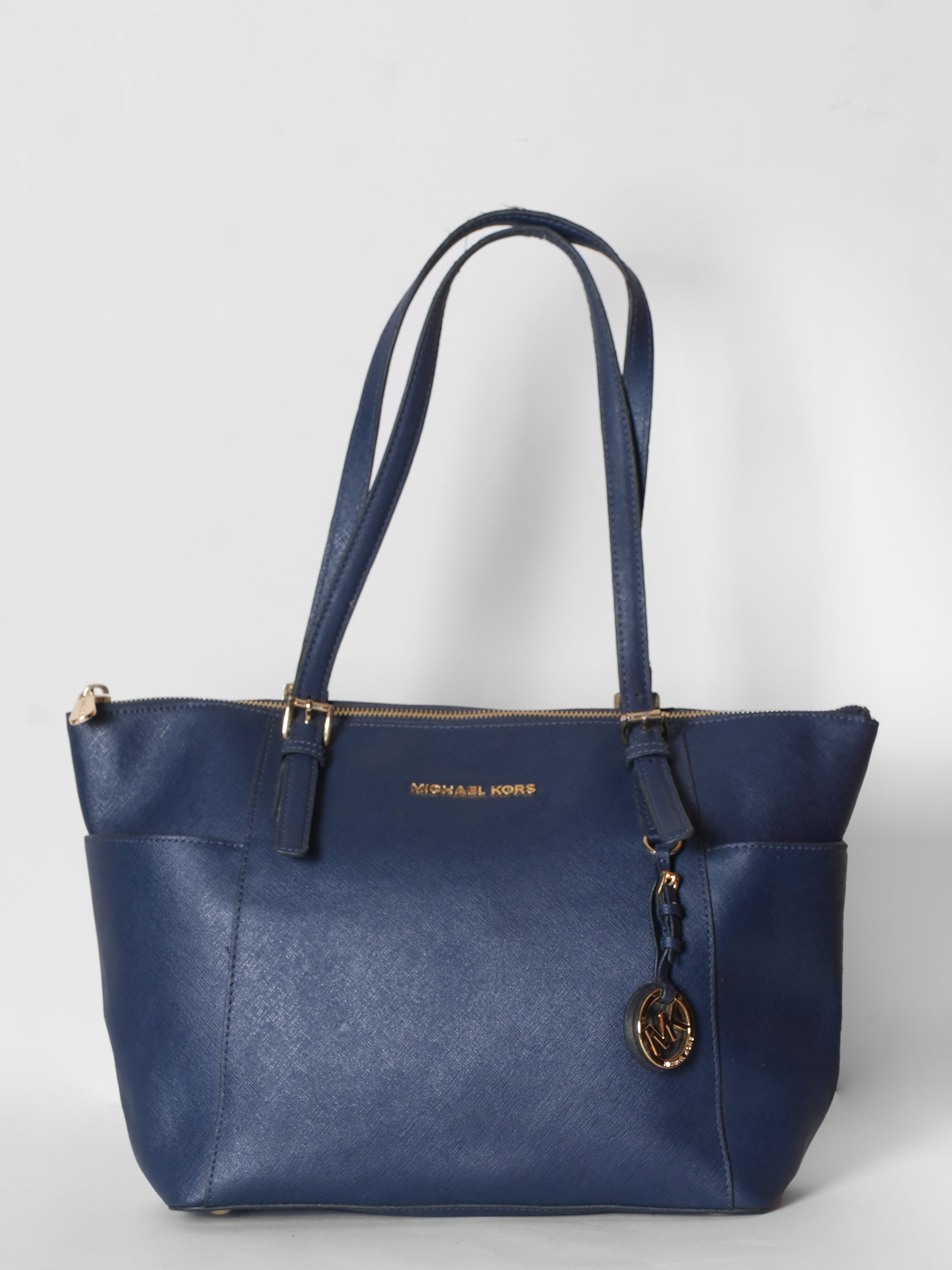 Michael Kors Blue Leather Medium Jet Set Top Zip Tote Bag