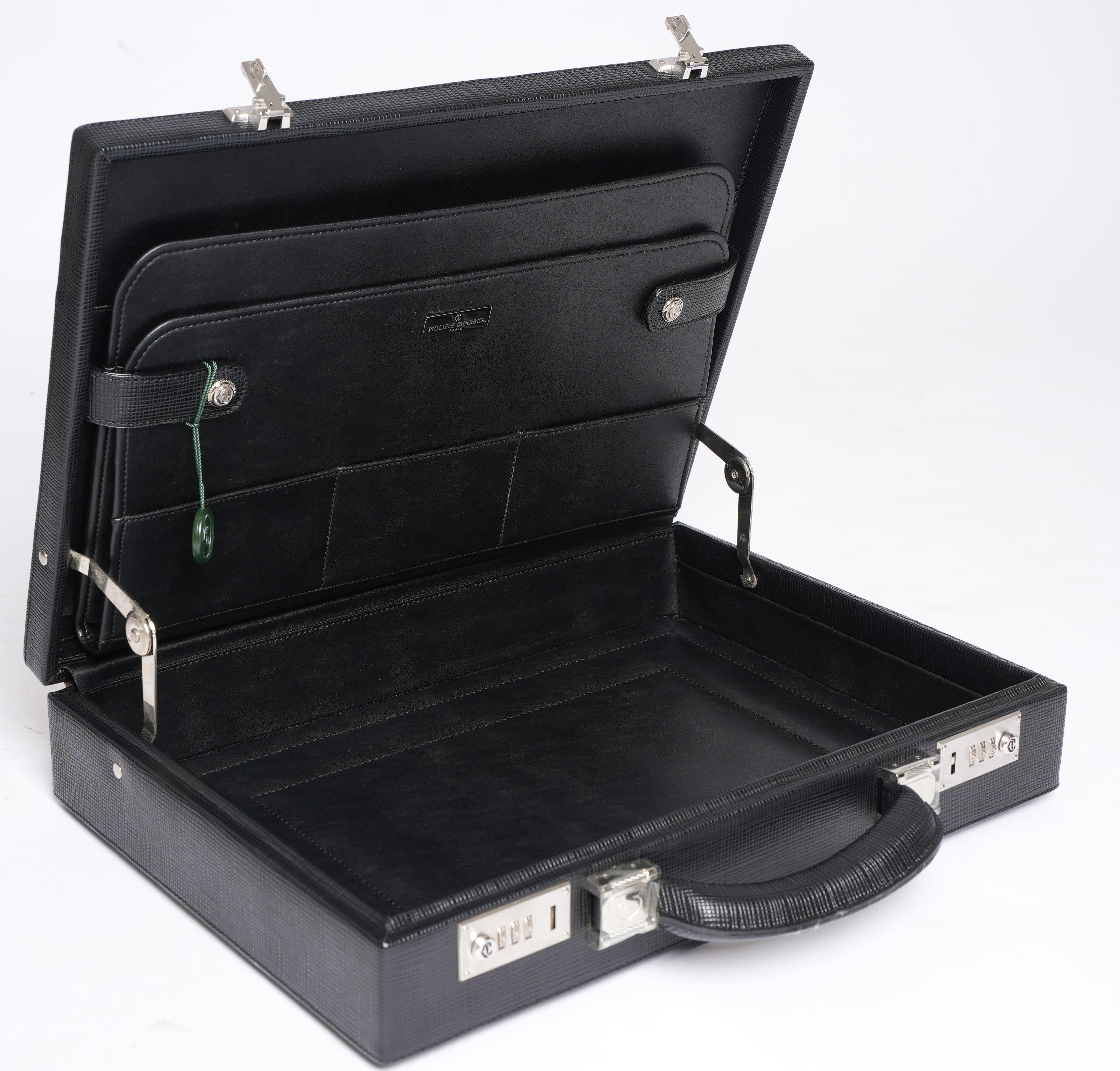 New Philippe Charriol Black Leather Executive Briefcase
