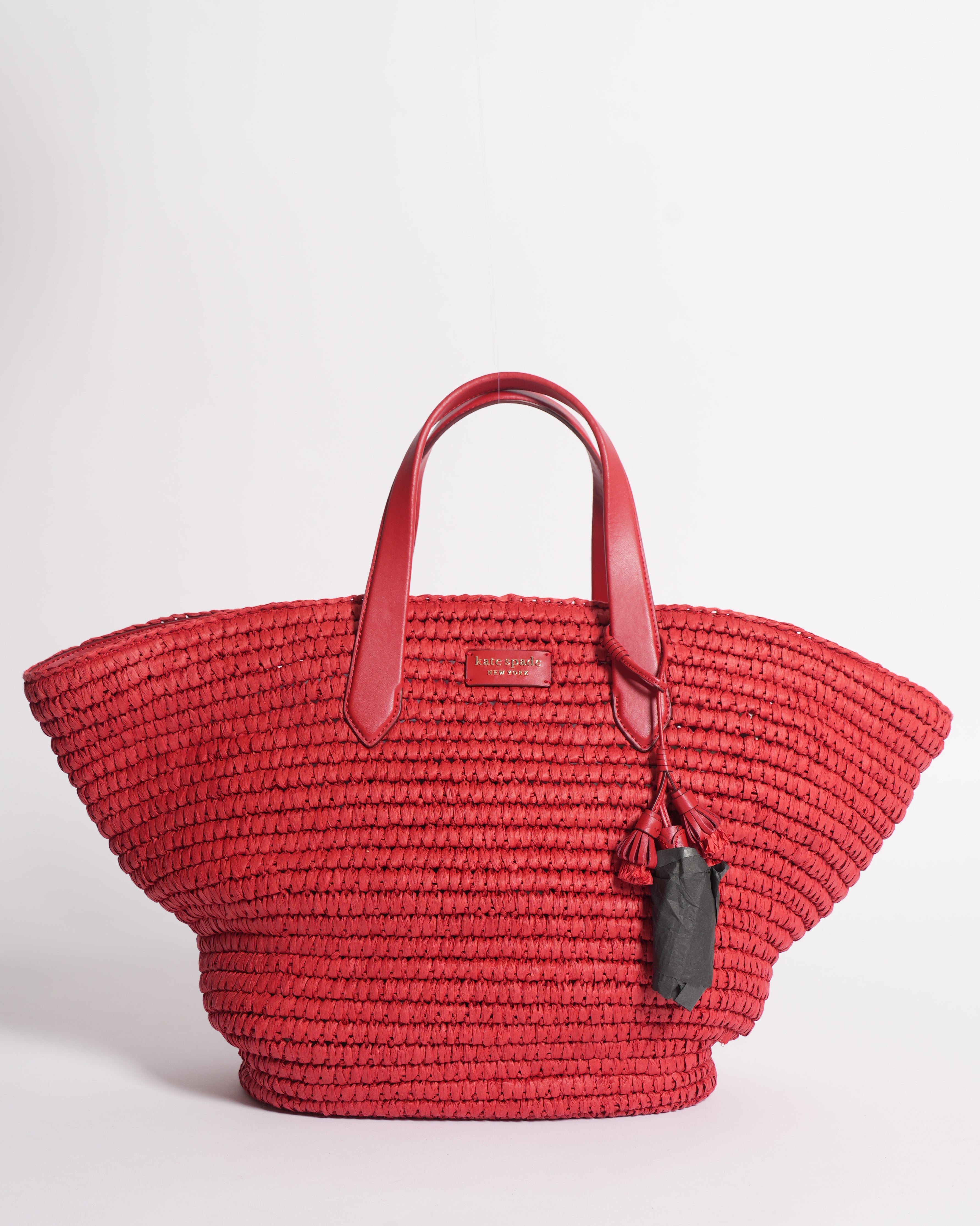 New Kate Spade Cabana Straw Tote Bag In Red