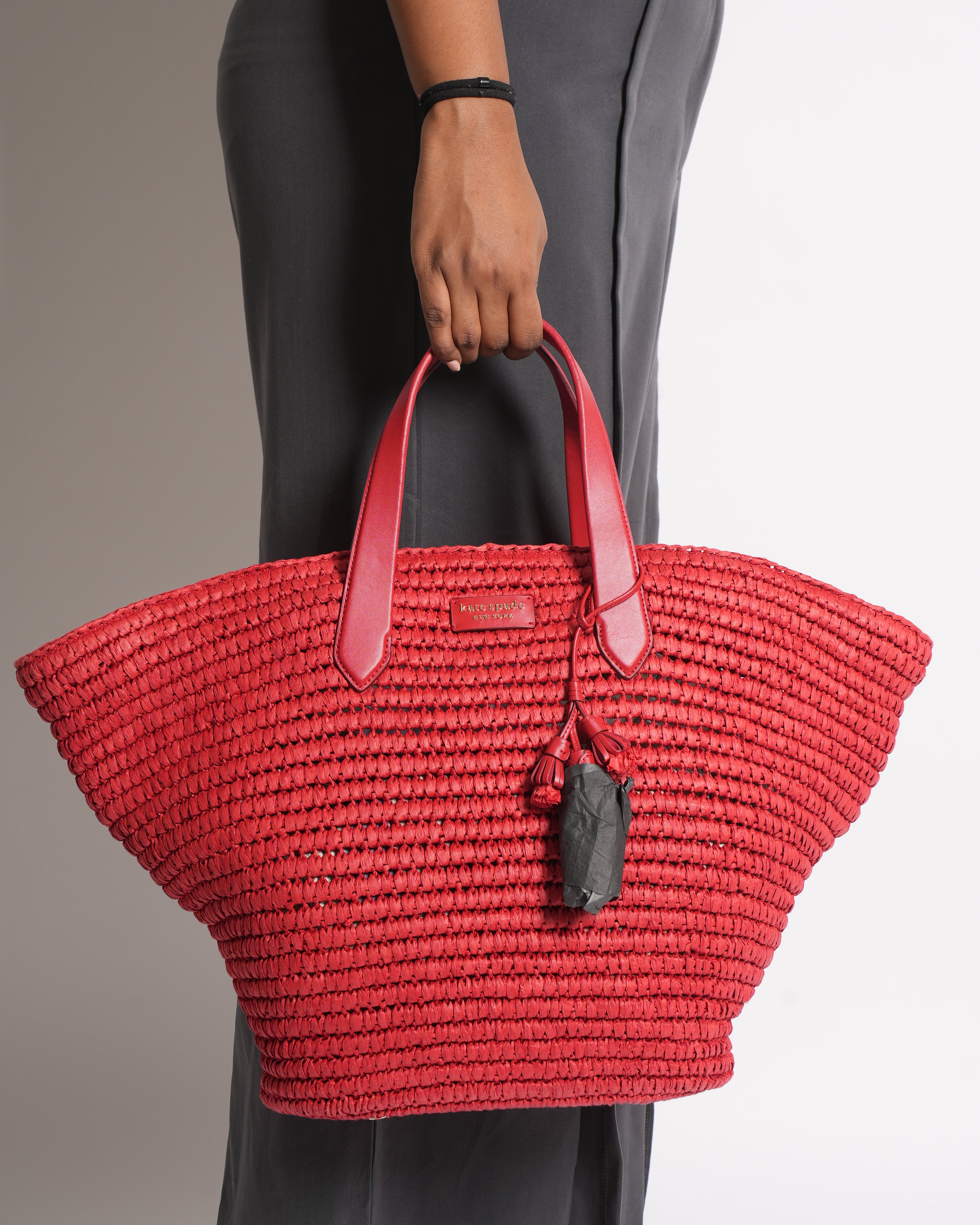 New Kate Spade Cabana Straw Tote Bag In Red