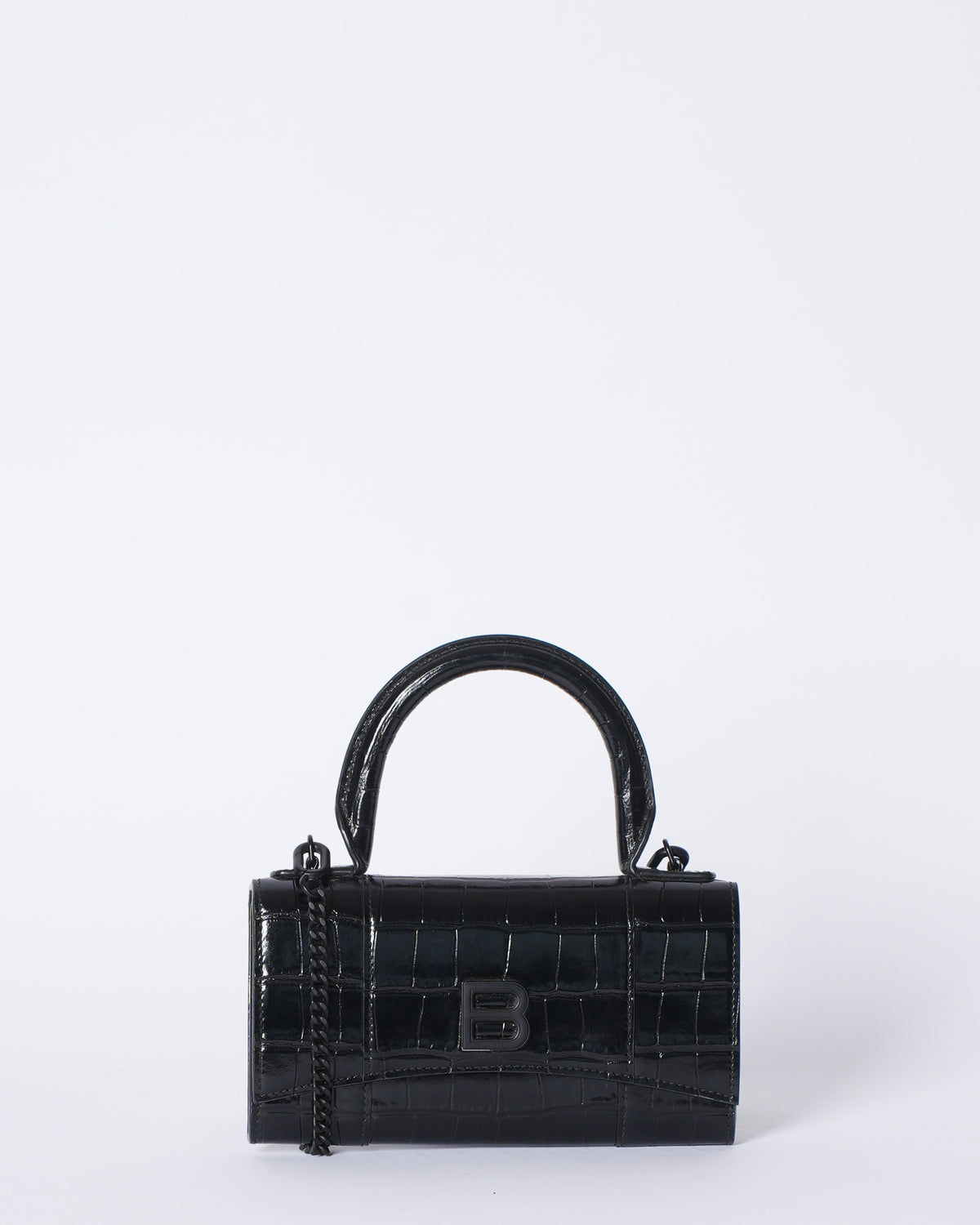 Balenciaga Hourglass Crocodile Embossed Crossbody In Black
