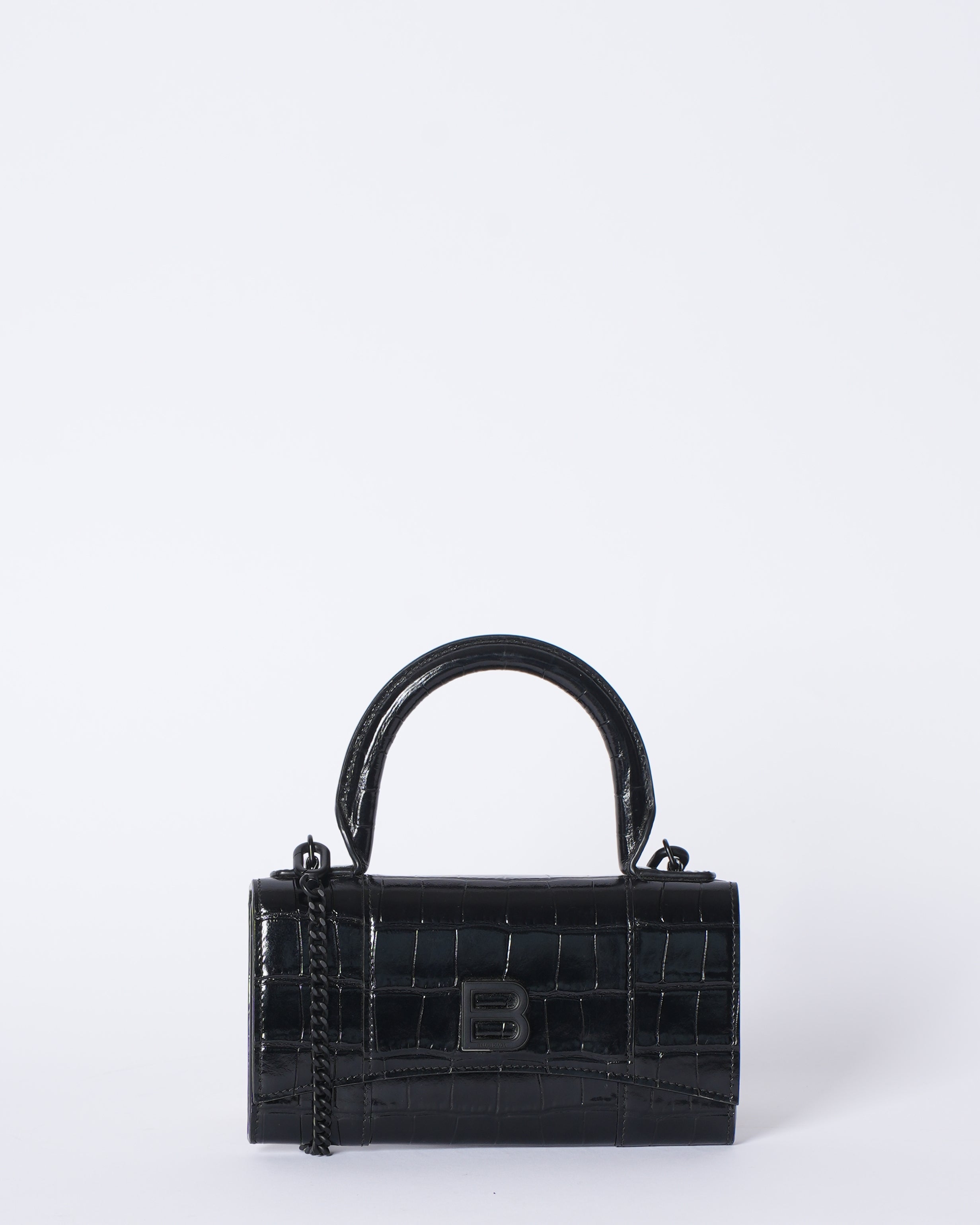 Balenciaga Hourglass Crocodile Embossed Crossbody In Black