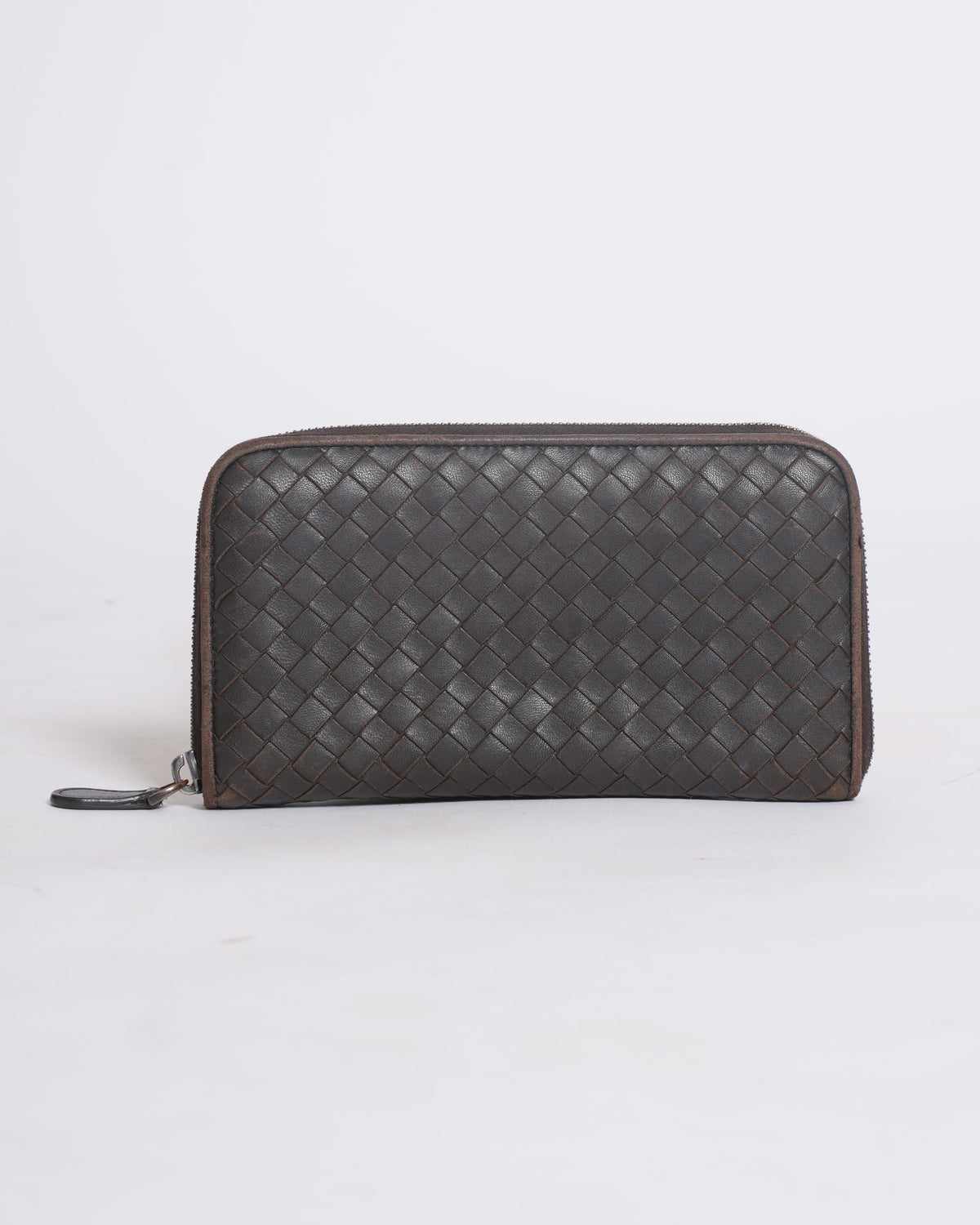 Bottega Veneta Intrecciato Zipper Wallet in Dark Brown