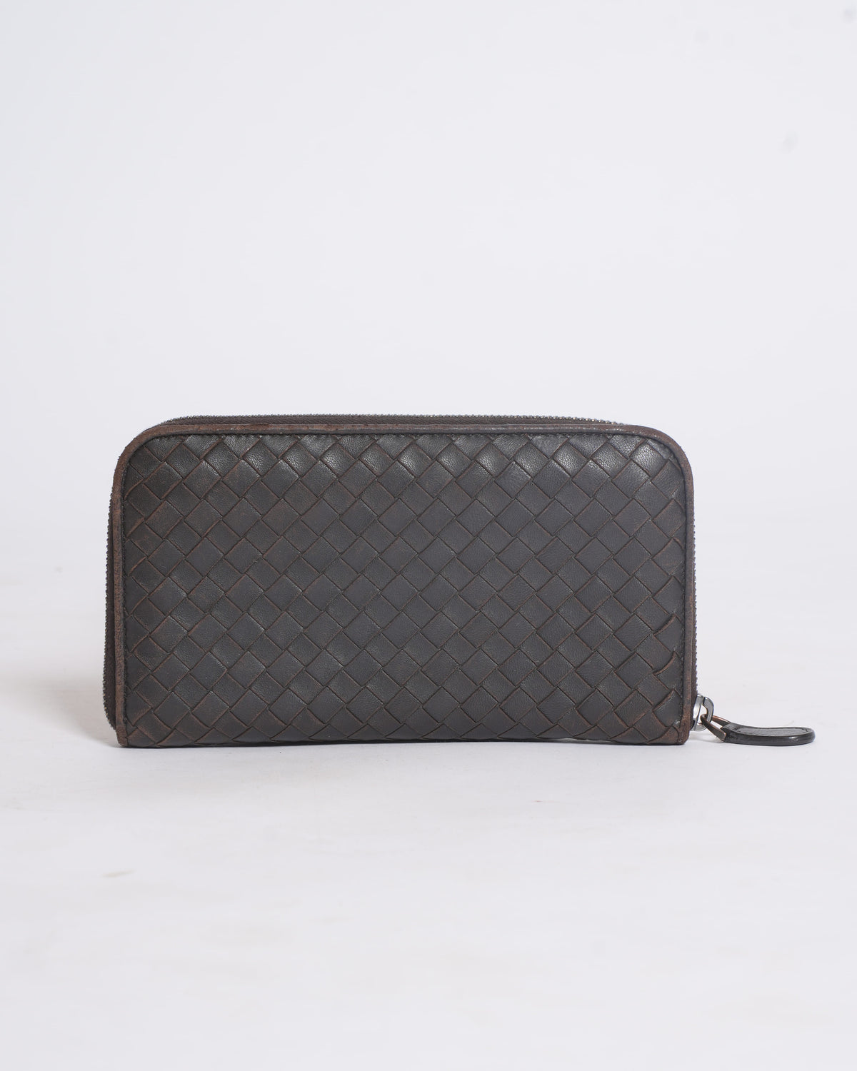 Bottega Veneta Intrecciato Zipper Wallet in Dark Brown