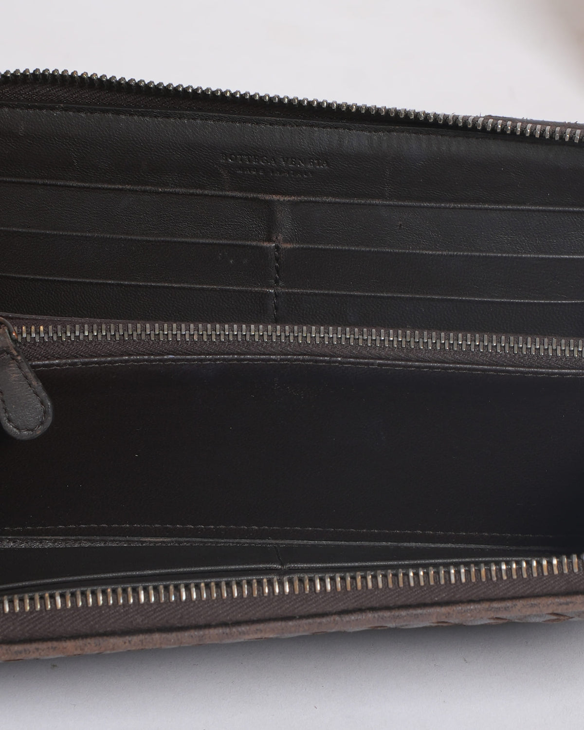 Bottega Veneta Intrecciato Zipper Wallet in Dark Brown