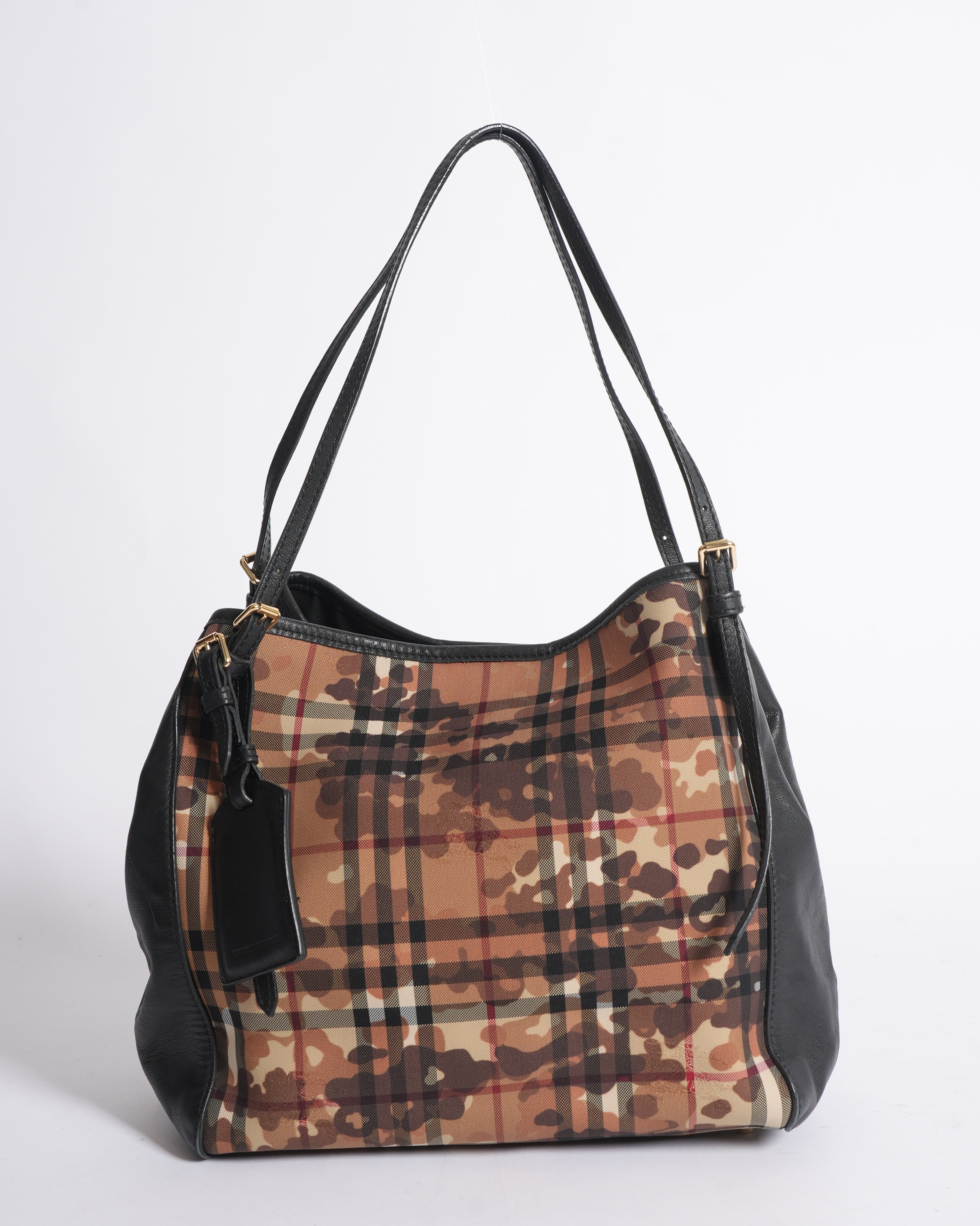 Burberry Nylon Calfskin Camouflage Check Small Canterbury Tote Black