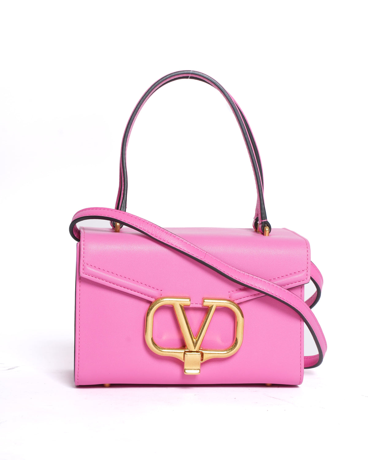 Valentino Garavani Bolso de Cuero V Logo Top Handle with Shoulder Strap in Pink