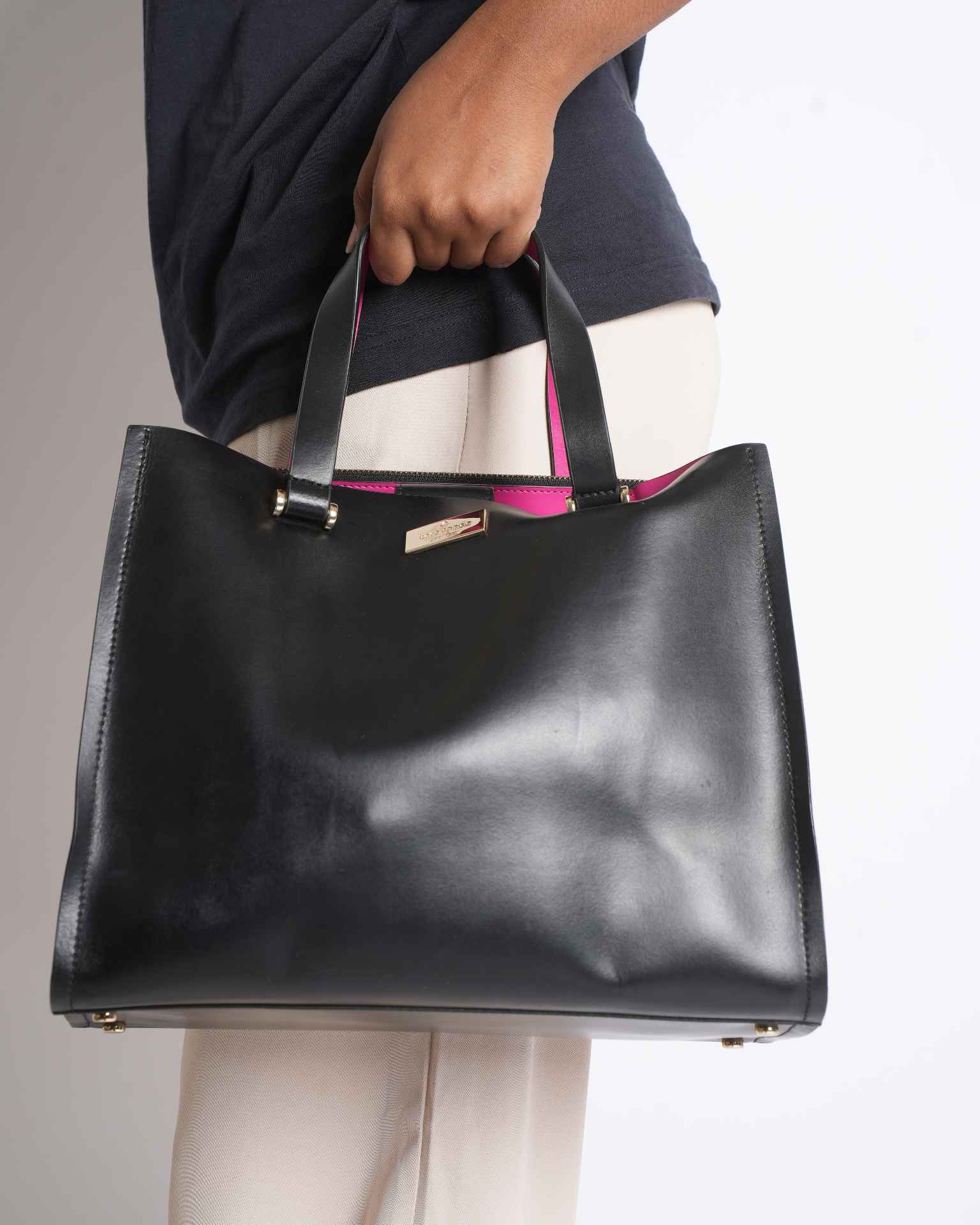 Kate Spade Top Handle Bag With Crossbody In Black With Pink Accent