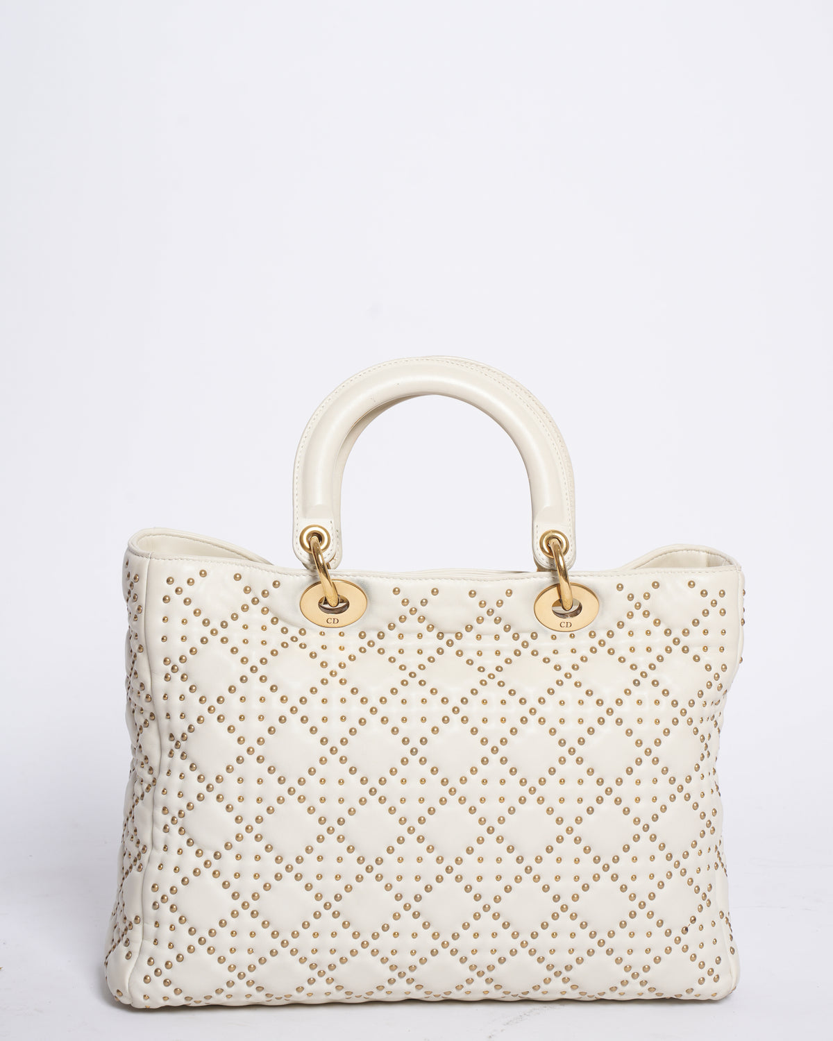 Dior White & Gold Medium Lambskin Studded Supple Lady Dior Tote