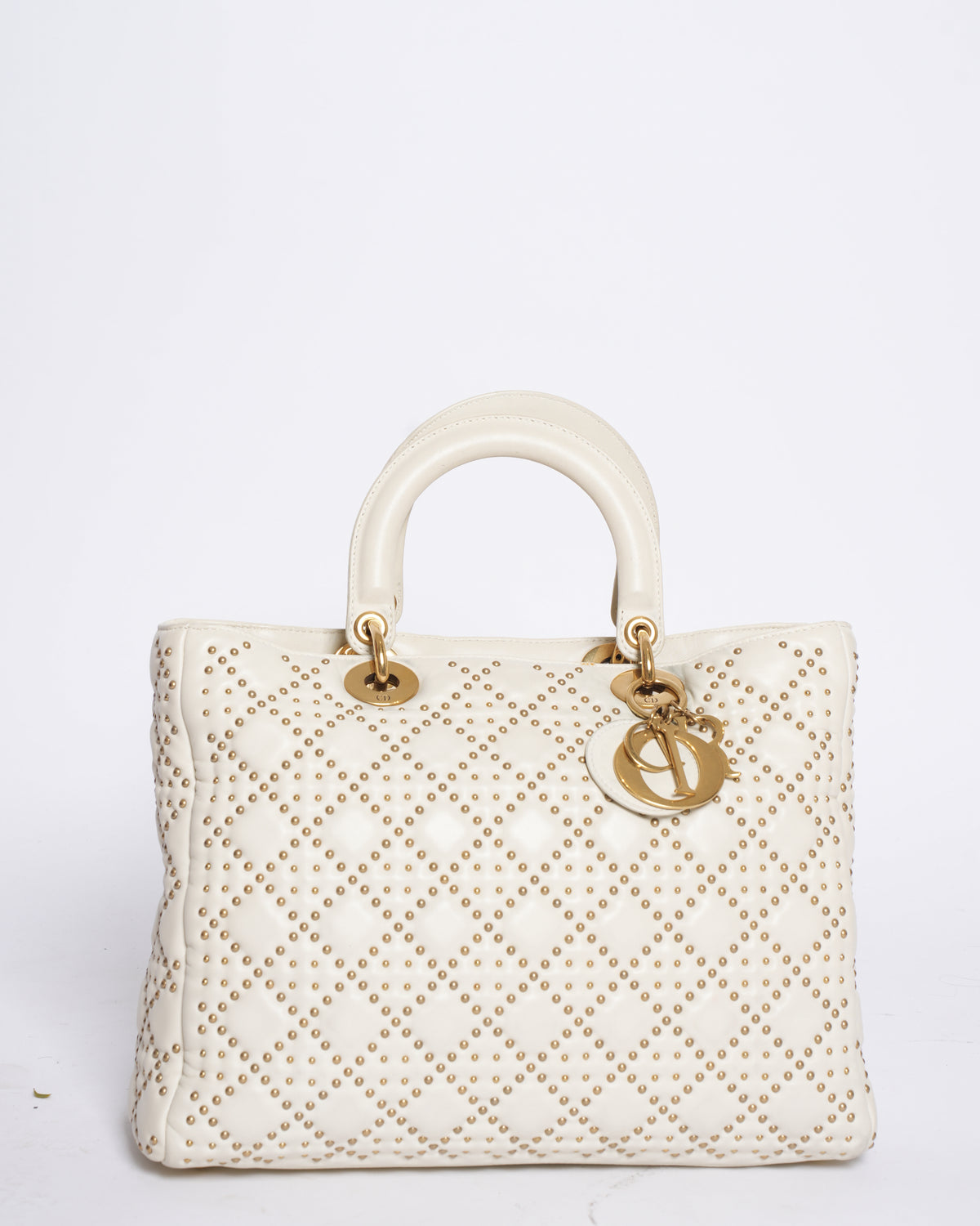 Dior White & Gold Medium Lambskin Studded Supple Lady Dior Tote