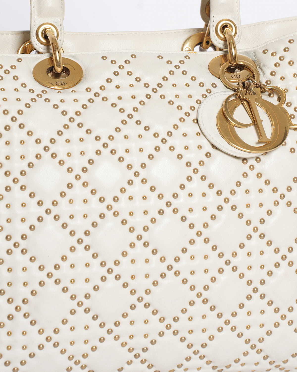 Dior White & Gold Medium Lambskin Studded Supple Lady Dior Tote