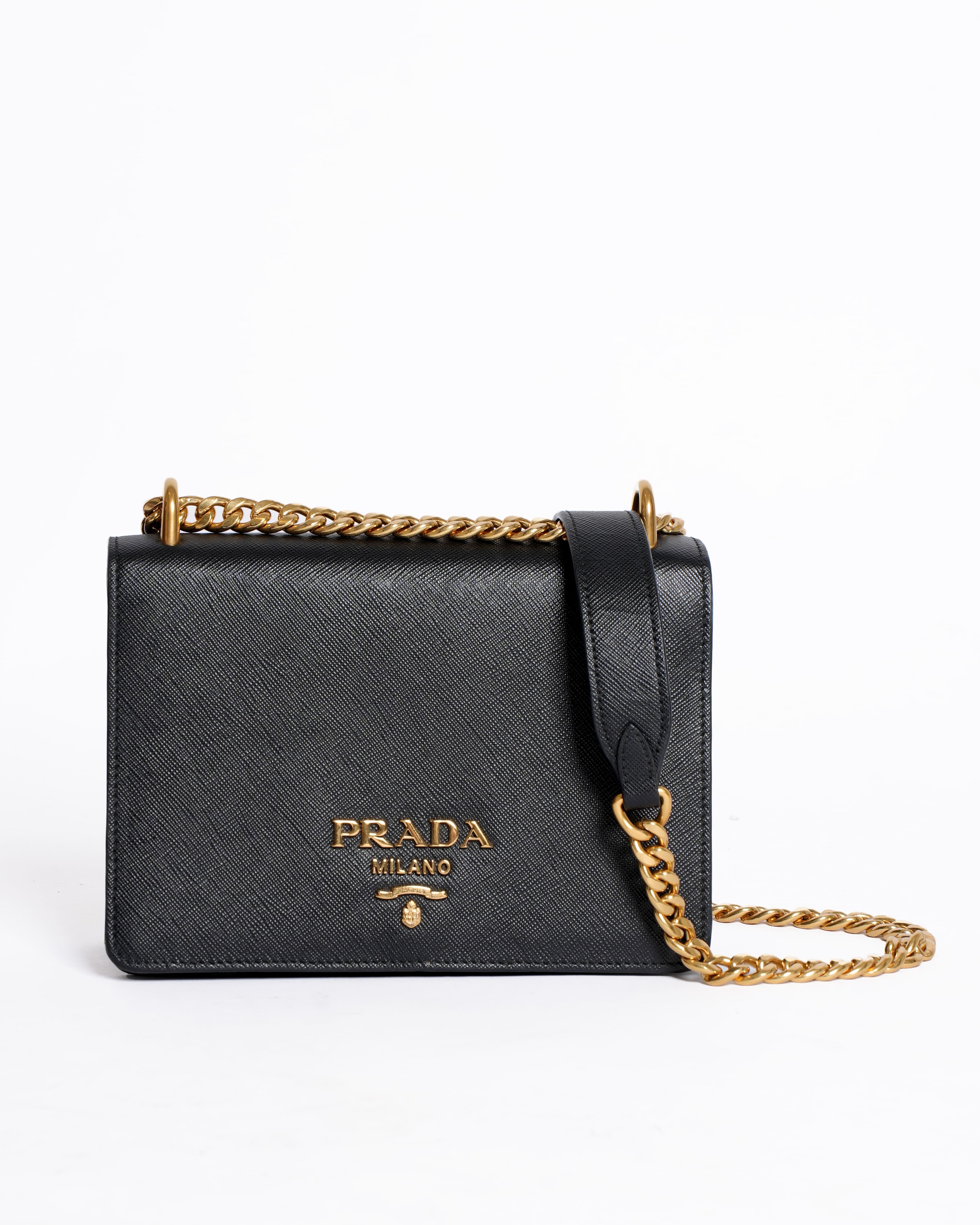 Prada Saffiano Leather Flap Chain Crossbody Bag in Black