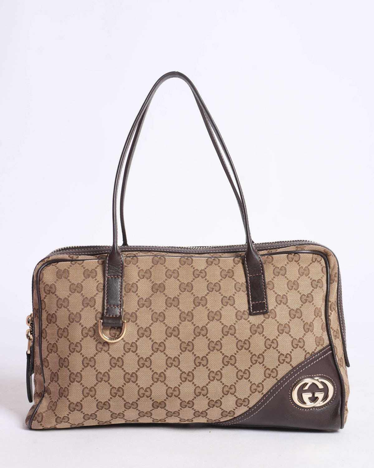 Gucci 
Monogram Britt Medium Boston Dark Brown Top Handle bag