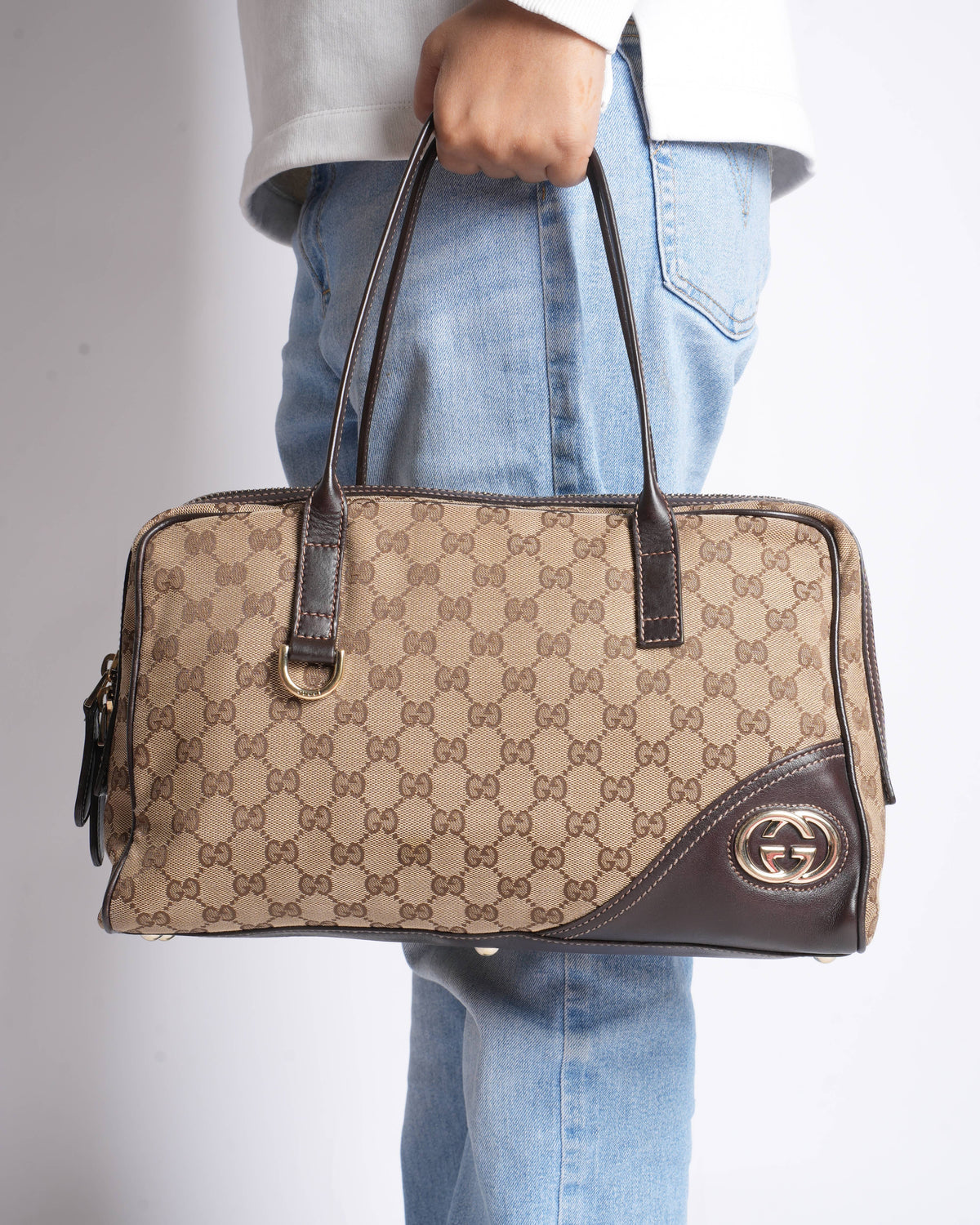 Gucci 
Monogram Britt Medium Boston Dark Brown Top Handle bag