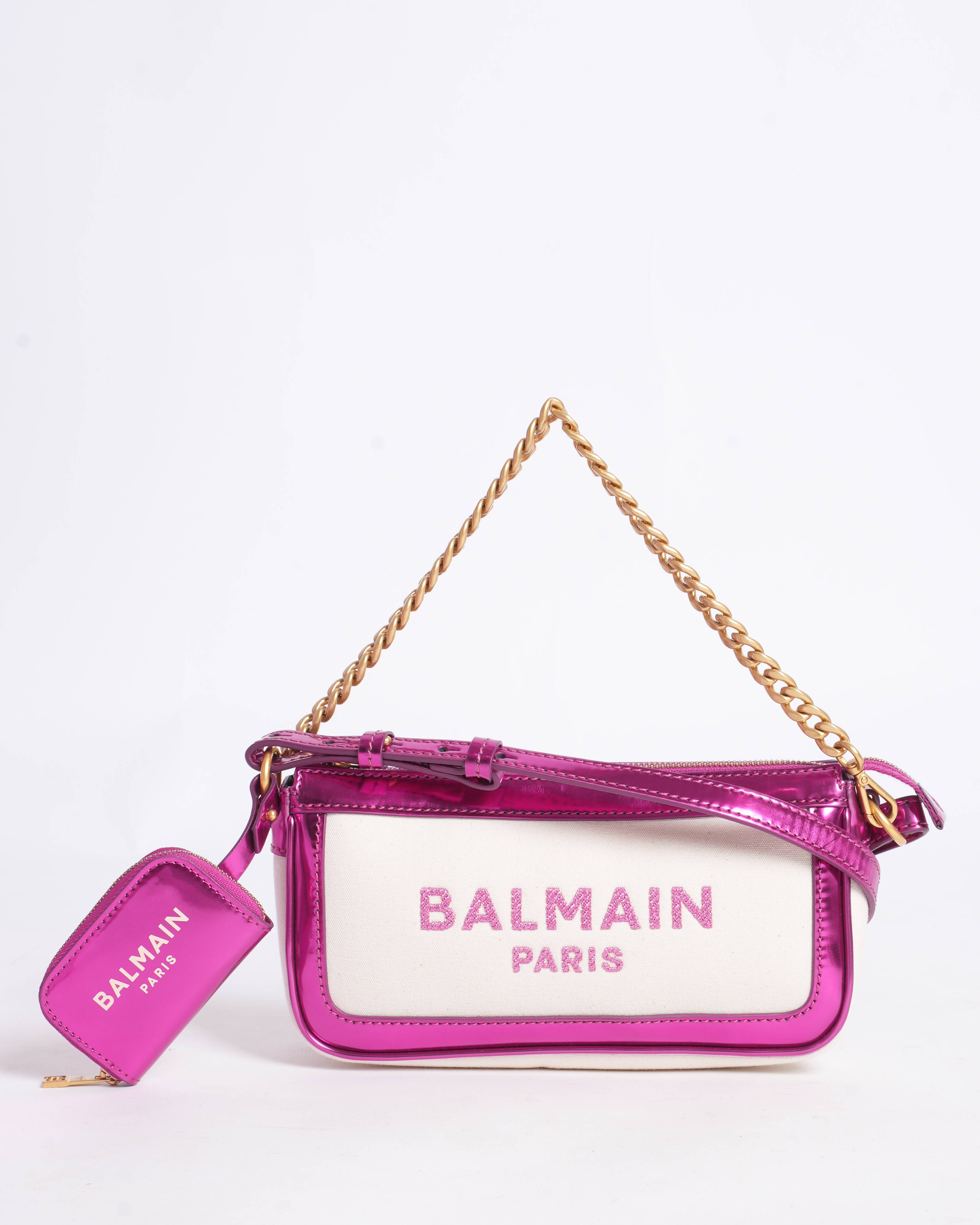 New Balmain shoulder bag in canvas and fuschia leather