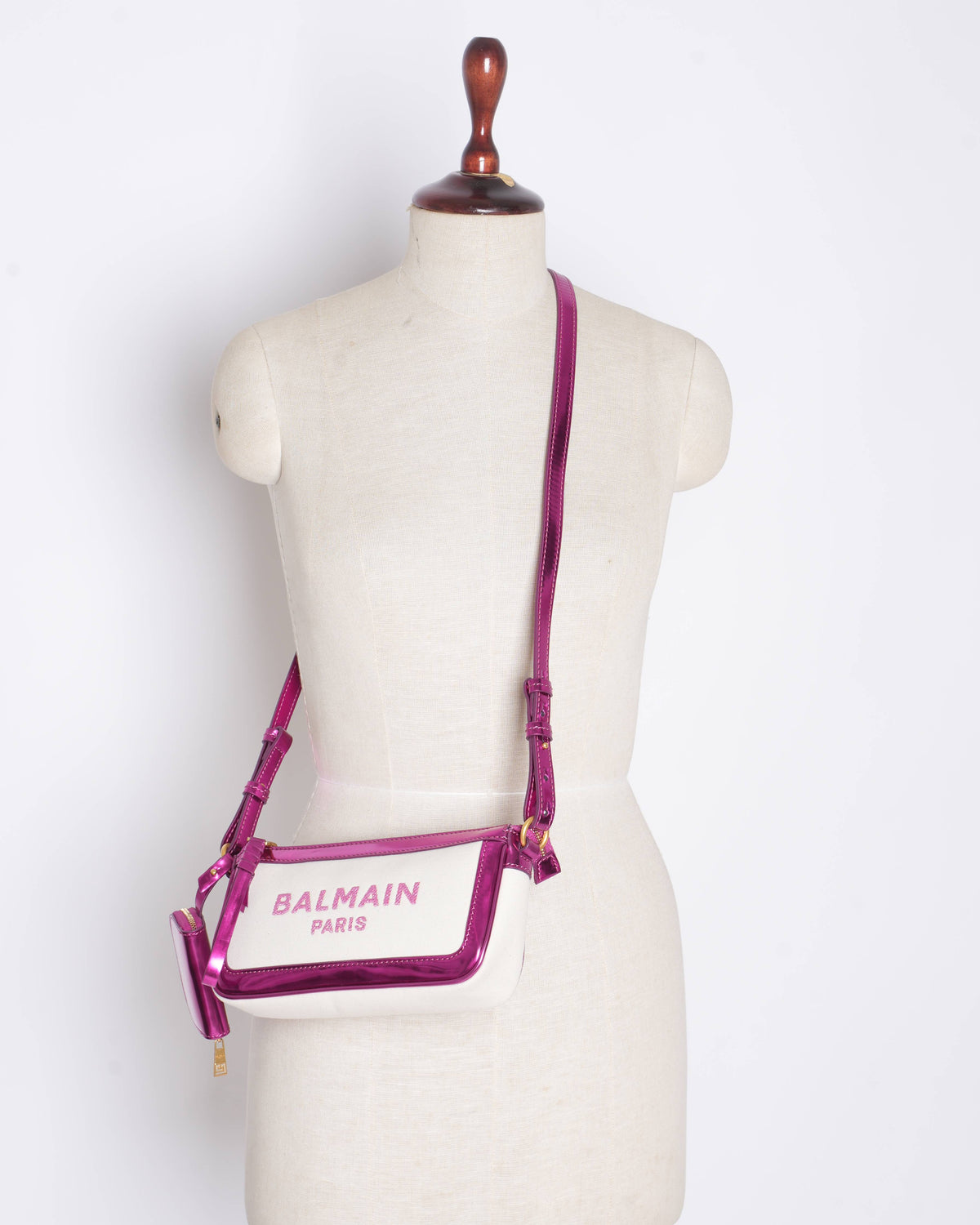 New Balmain shoulder bag in canvas and fuschia leather
