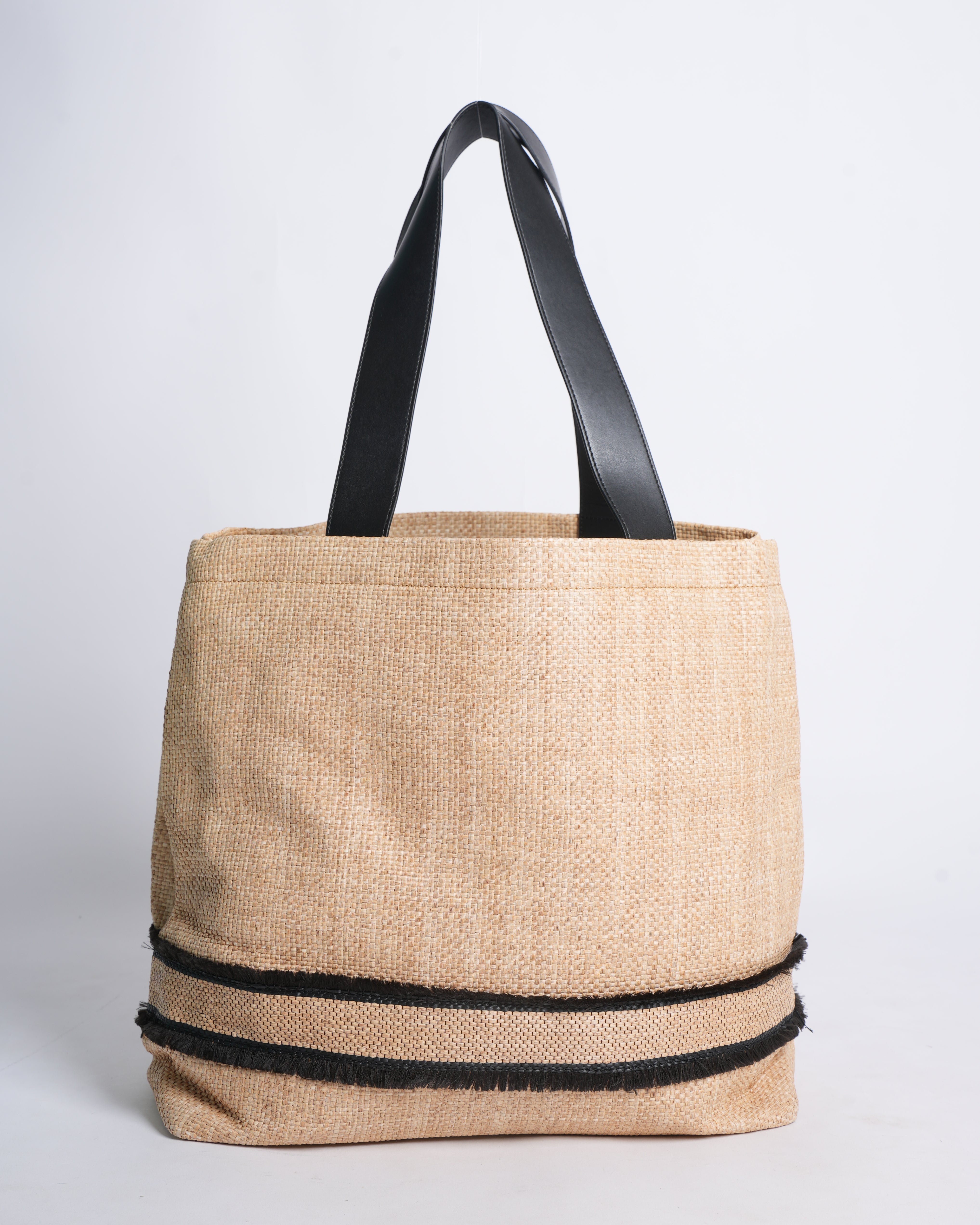 Stella McCartney Beige/Black Woven Raffia and Leather Logo Tote