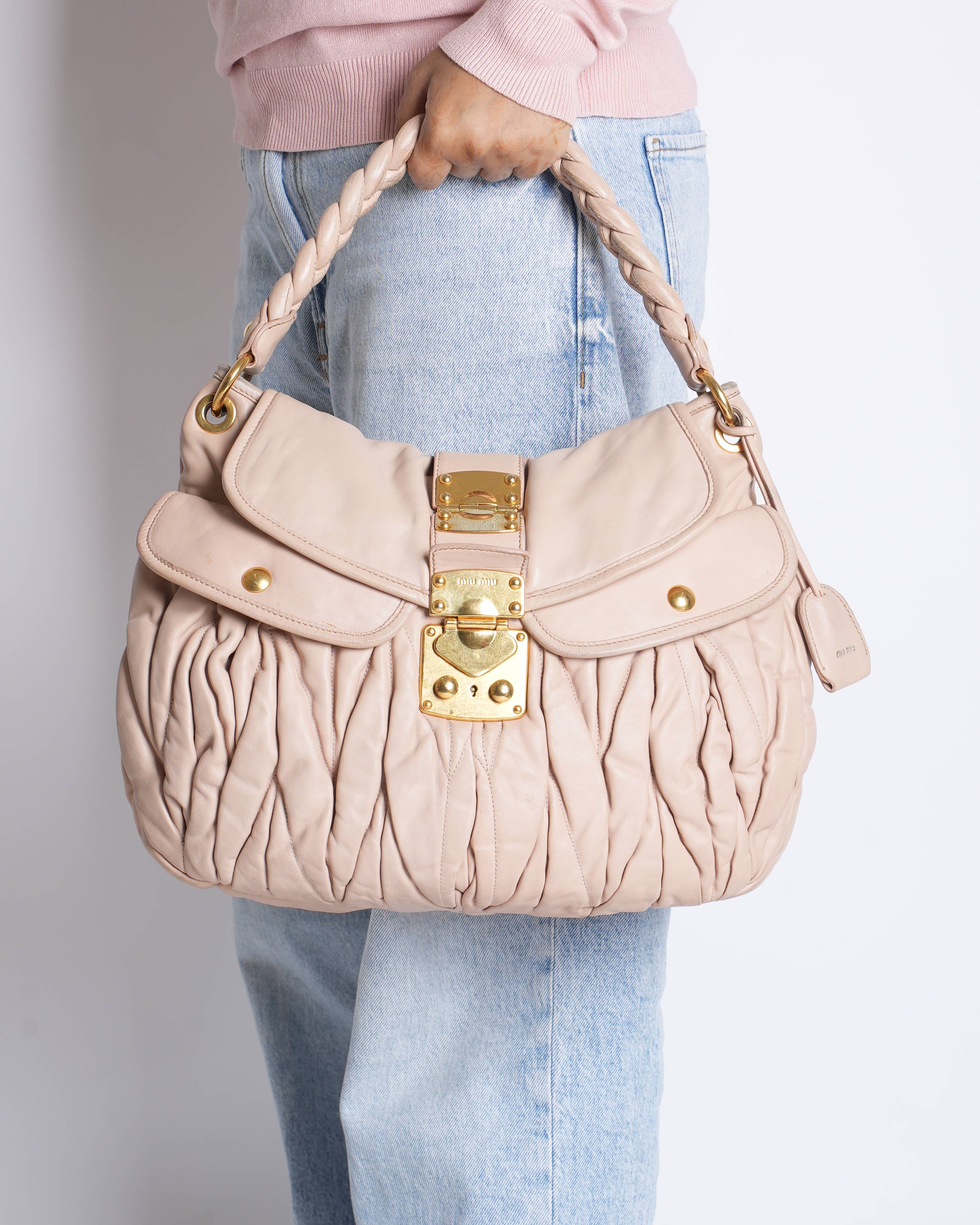 Miu Miu Coffer Matelassé Beige Leather Braided Handle Shoulder Bag