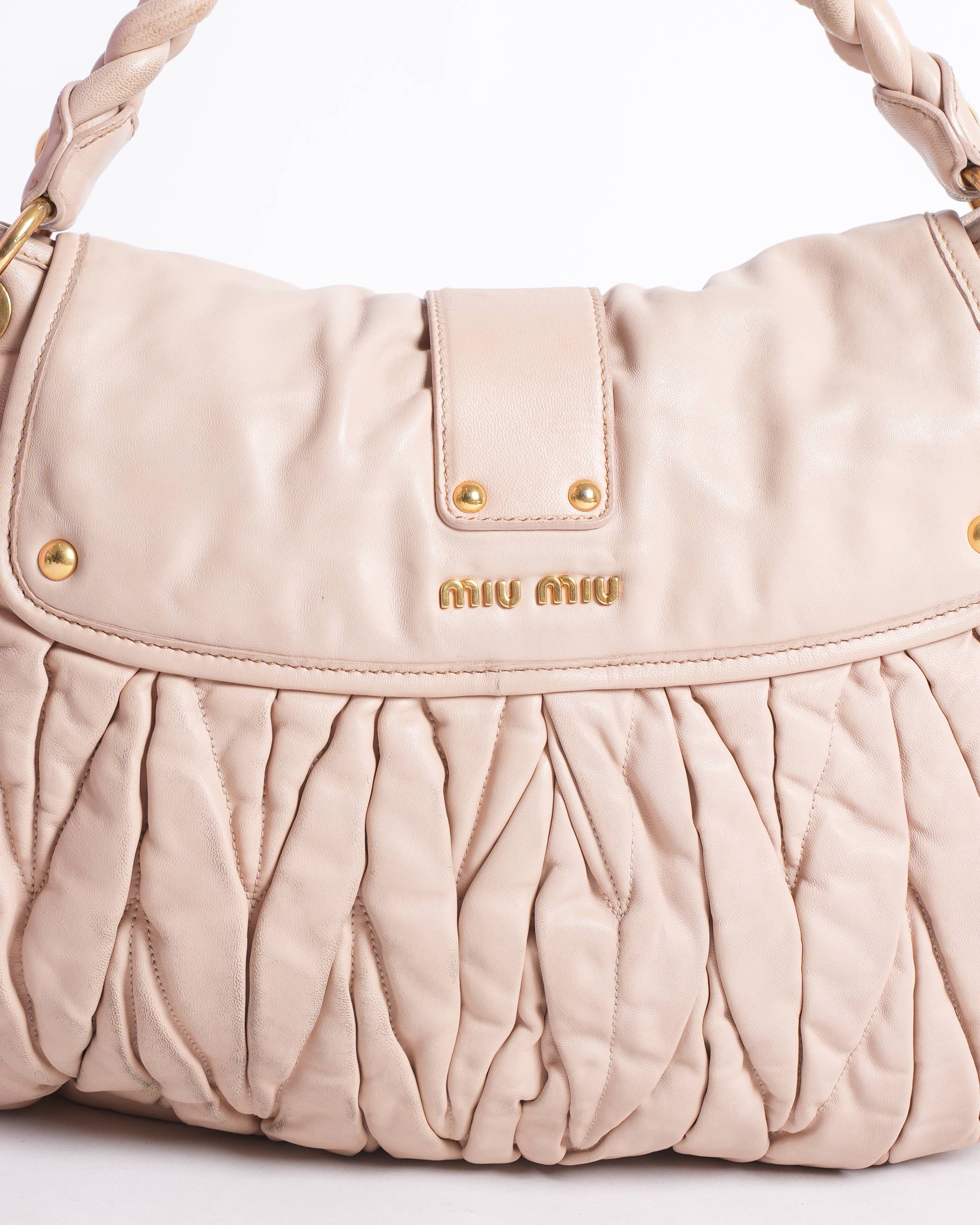 Miu Miu Coffer Matelassé Beige Leather Braided Handle Shoulder Bag