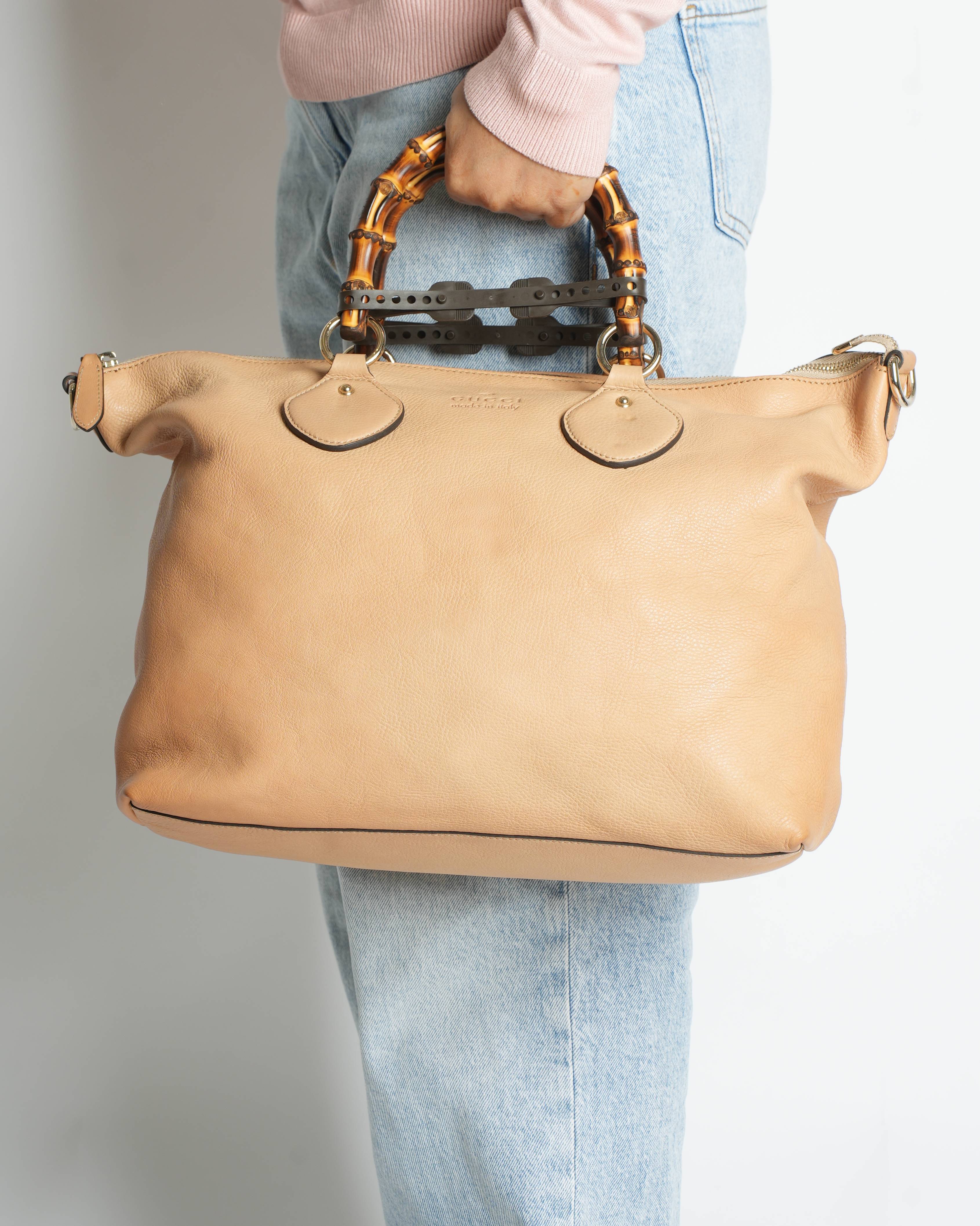 Gucci Light Brown Pebbled Leather Bamboo Handle Shopper Tote Bag
