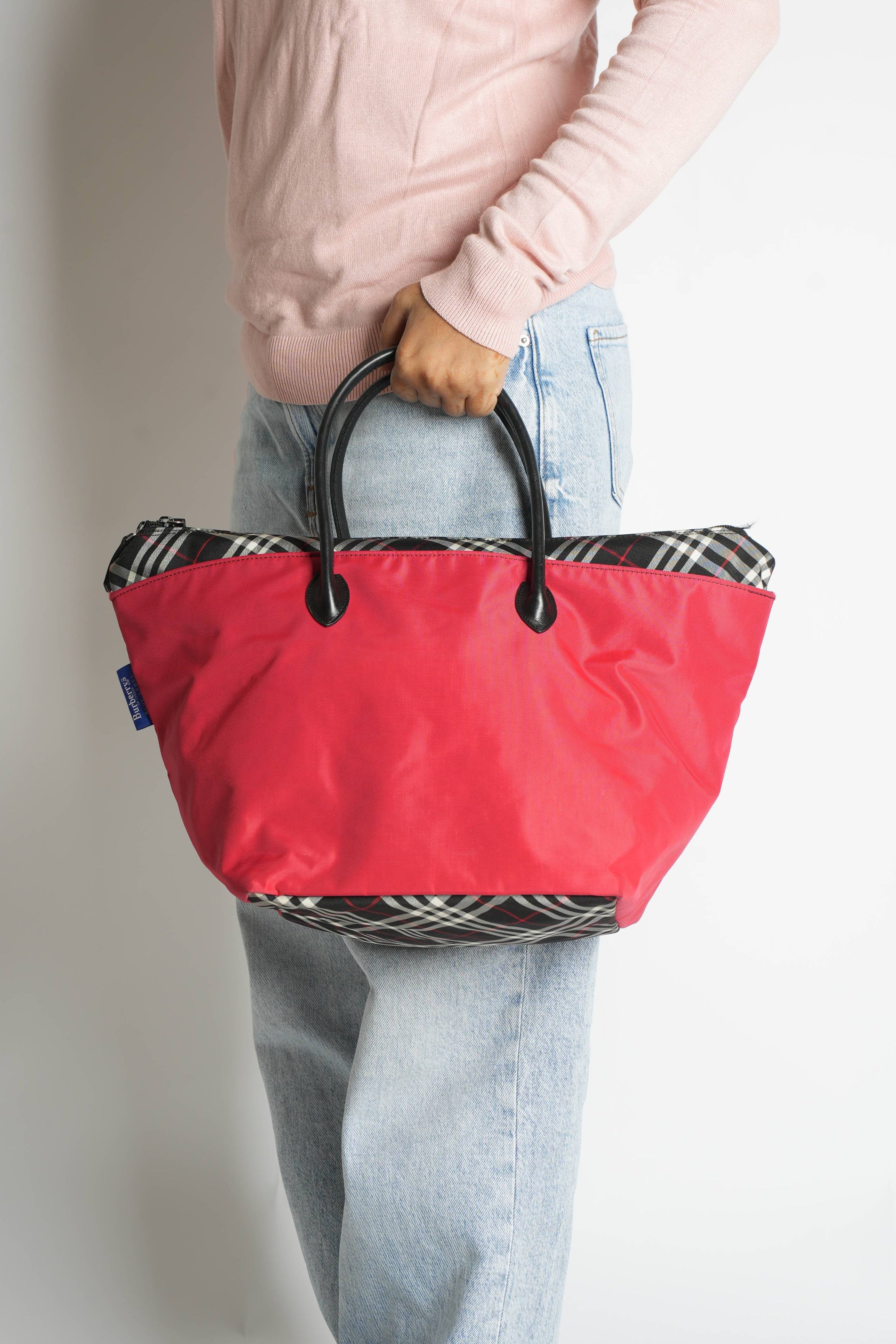 Burberry Nova Check Blue Label Tote Bag In Nylon Red