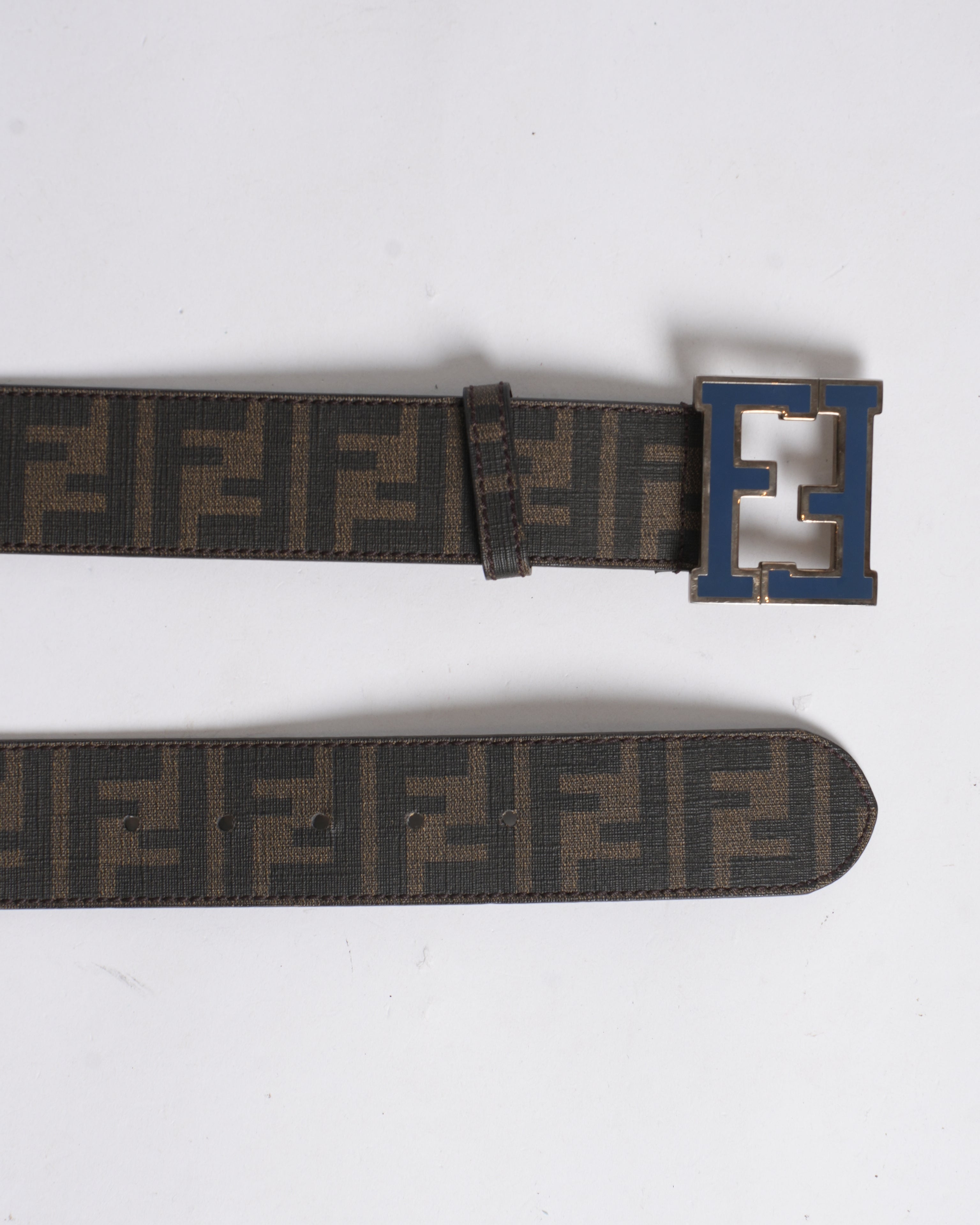 Fendi Men's Reversible Belt In Monogram Canvas WIth Blue Buckle