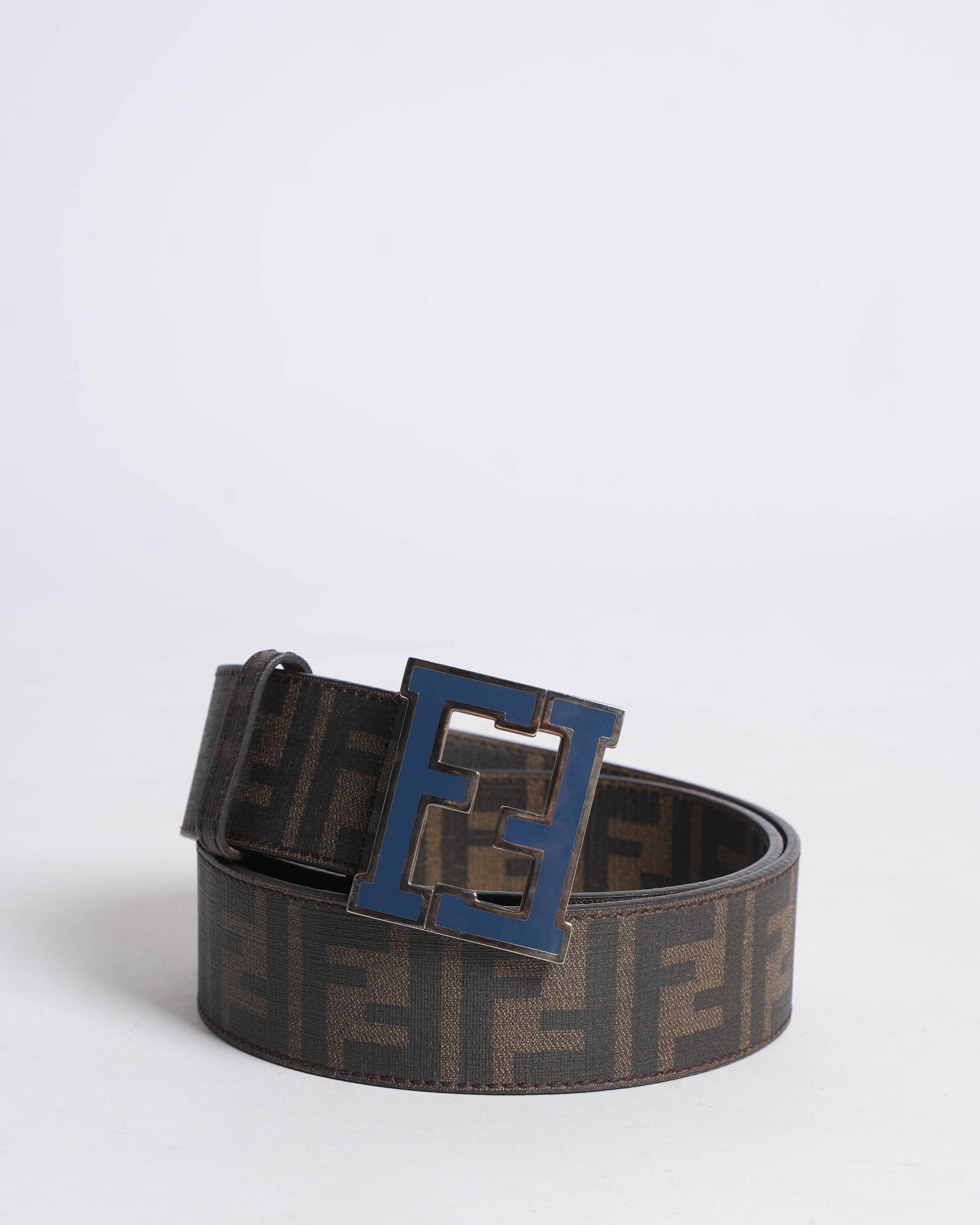Fendi Men's Reversible Belt In Monogram Canvas WIth Blue Buckle