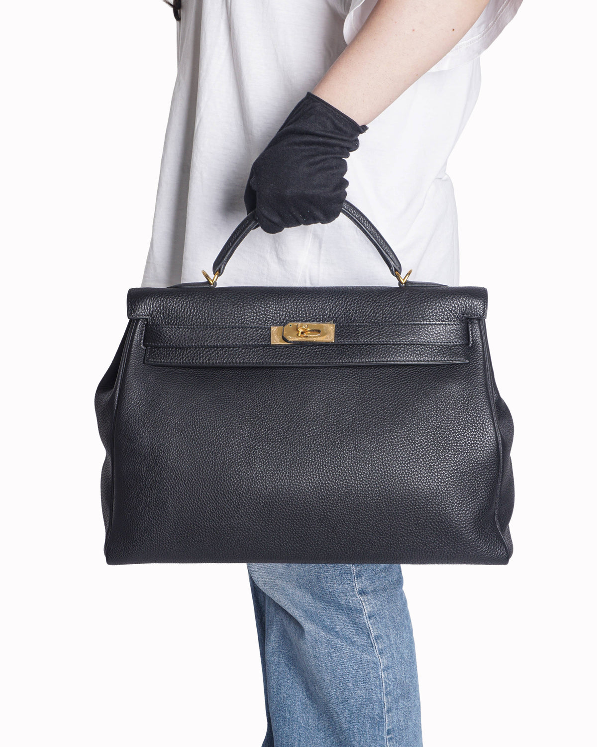 Hermès Kelly 42 Black Togo Leather Top Handle Bag