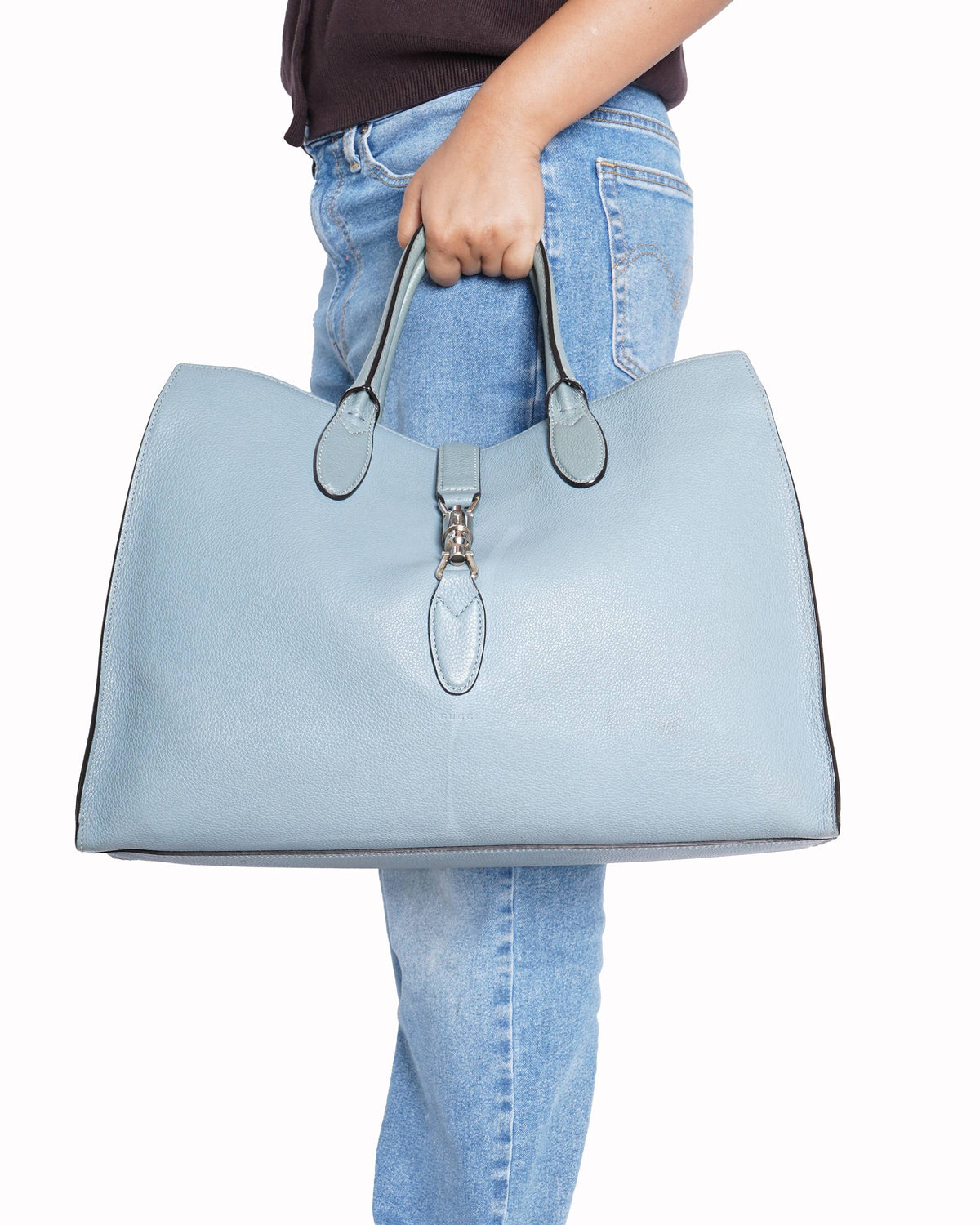 Gucci 
Light Blue Pebbled Leather Soft Jackie Large Top Handle Bag