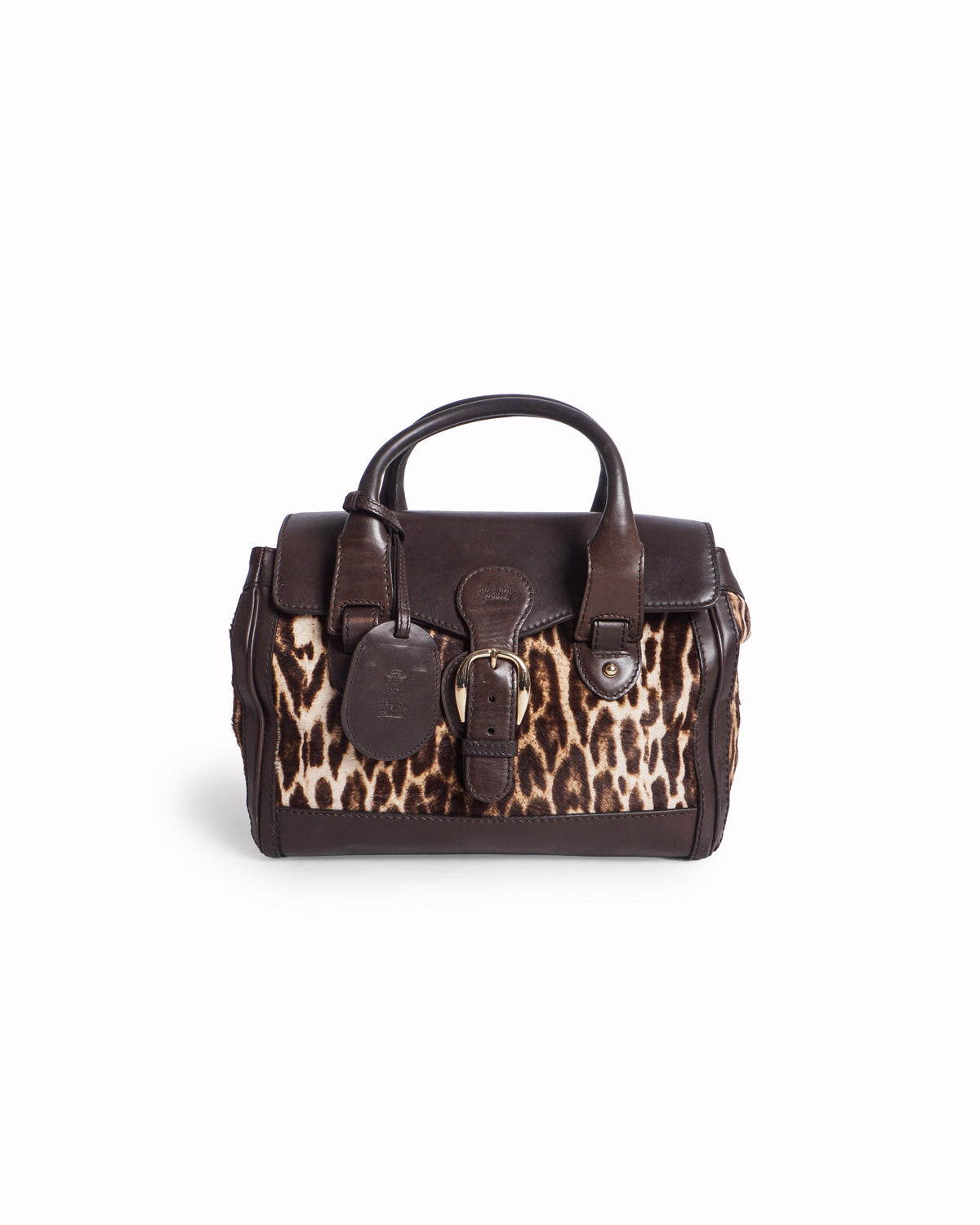 Gucci Brown Leather Leopard Print Calf Hair Satchel Bag