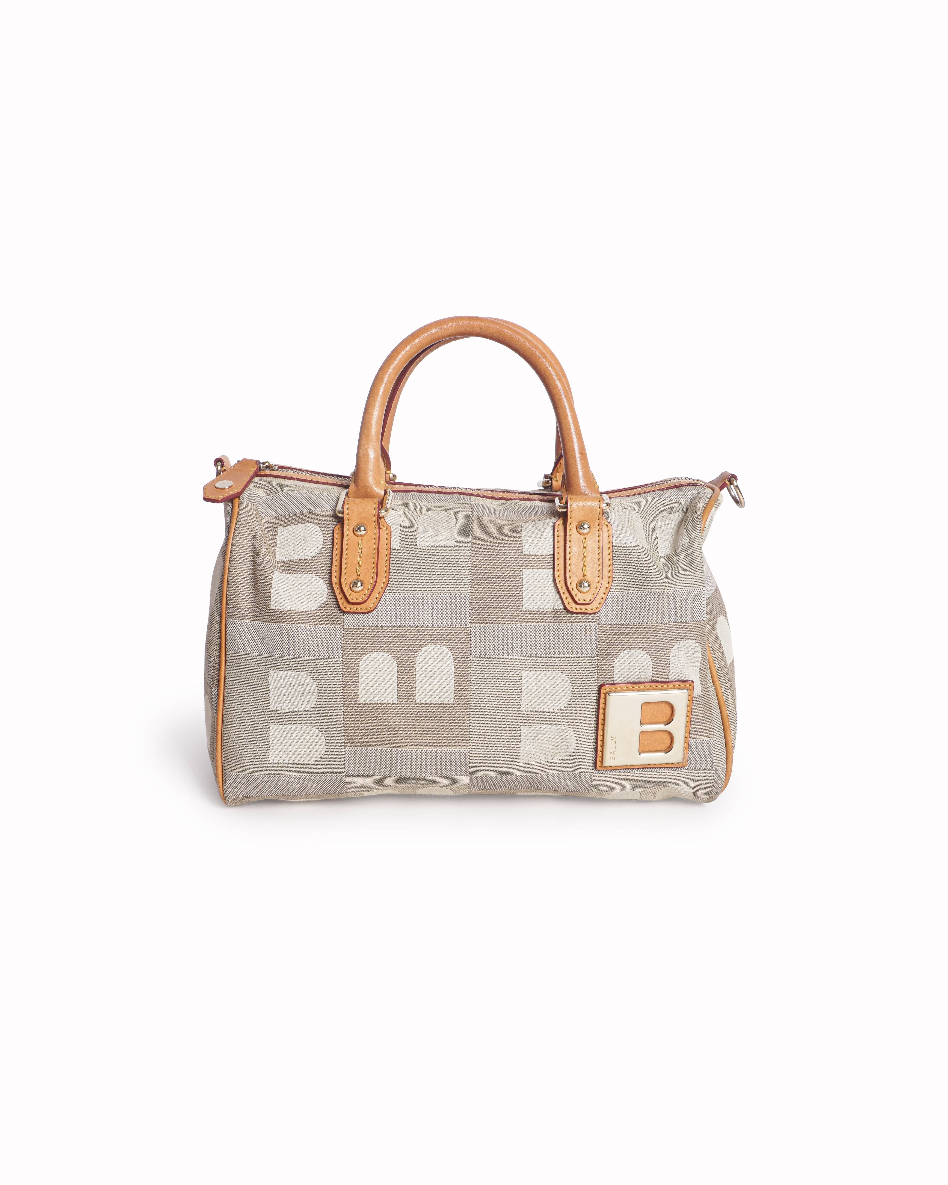 Bally Jacquard Logo Canvas Satchel Bag in Tan & Grey