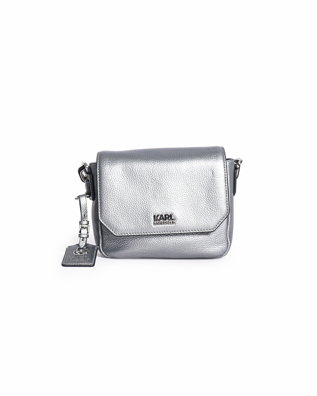 Karl Lagerfeld Metallic Silver Pebbled Leather Flap Crossbody Bag