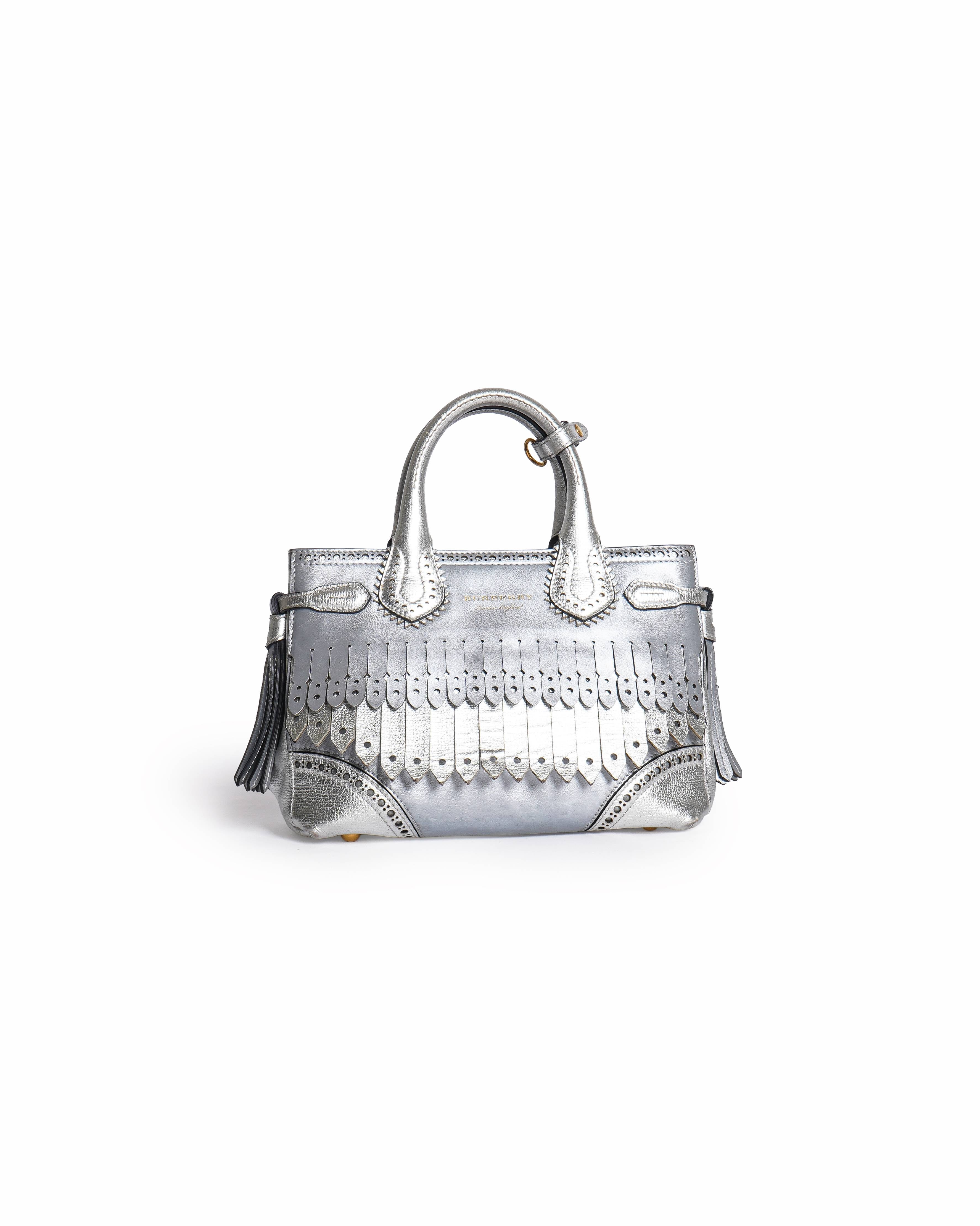 Burberry Metallic Leather Small Banner Broguing Fringe Tote Bag