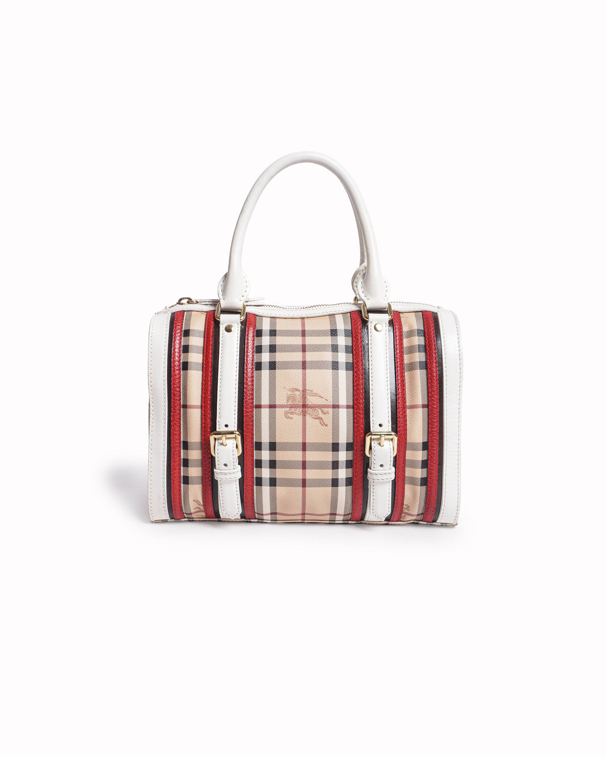 Burberry Haymarket Check White Leather Trim Top Handle Bag