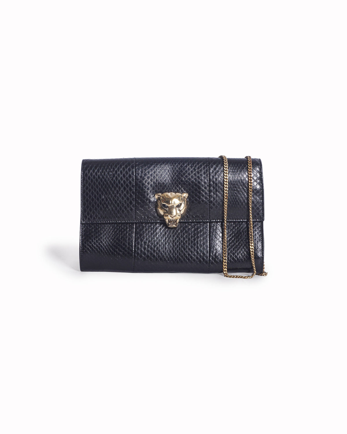 Roberto Cavalli Black Snake Embossed Panther Head Chain Bag
