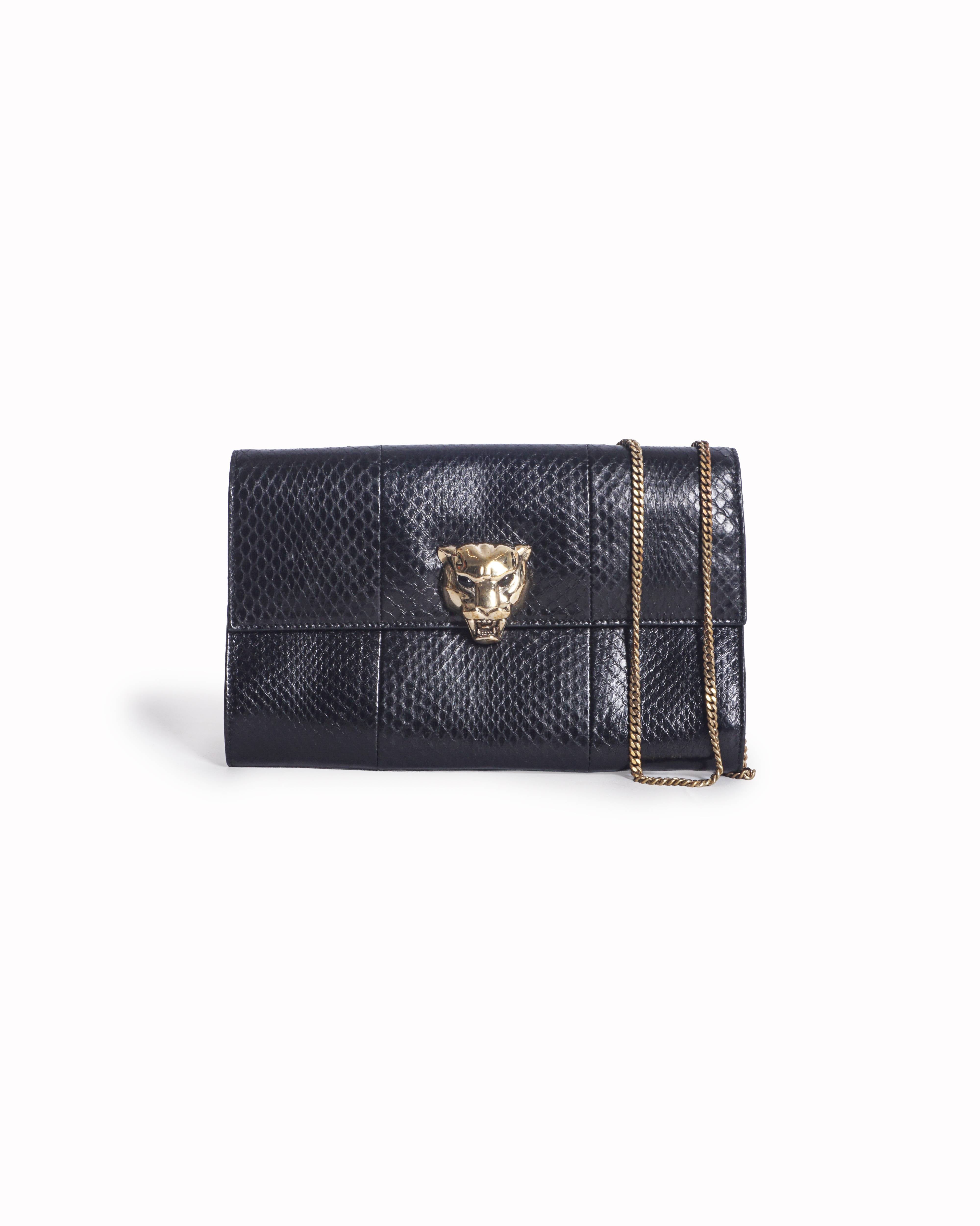 Roberto Cavalli Black Snake Embossed Panther Head Chain Bag