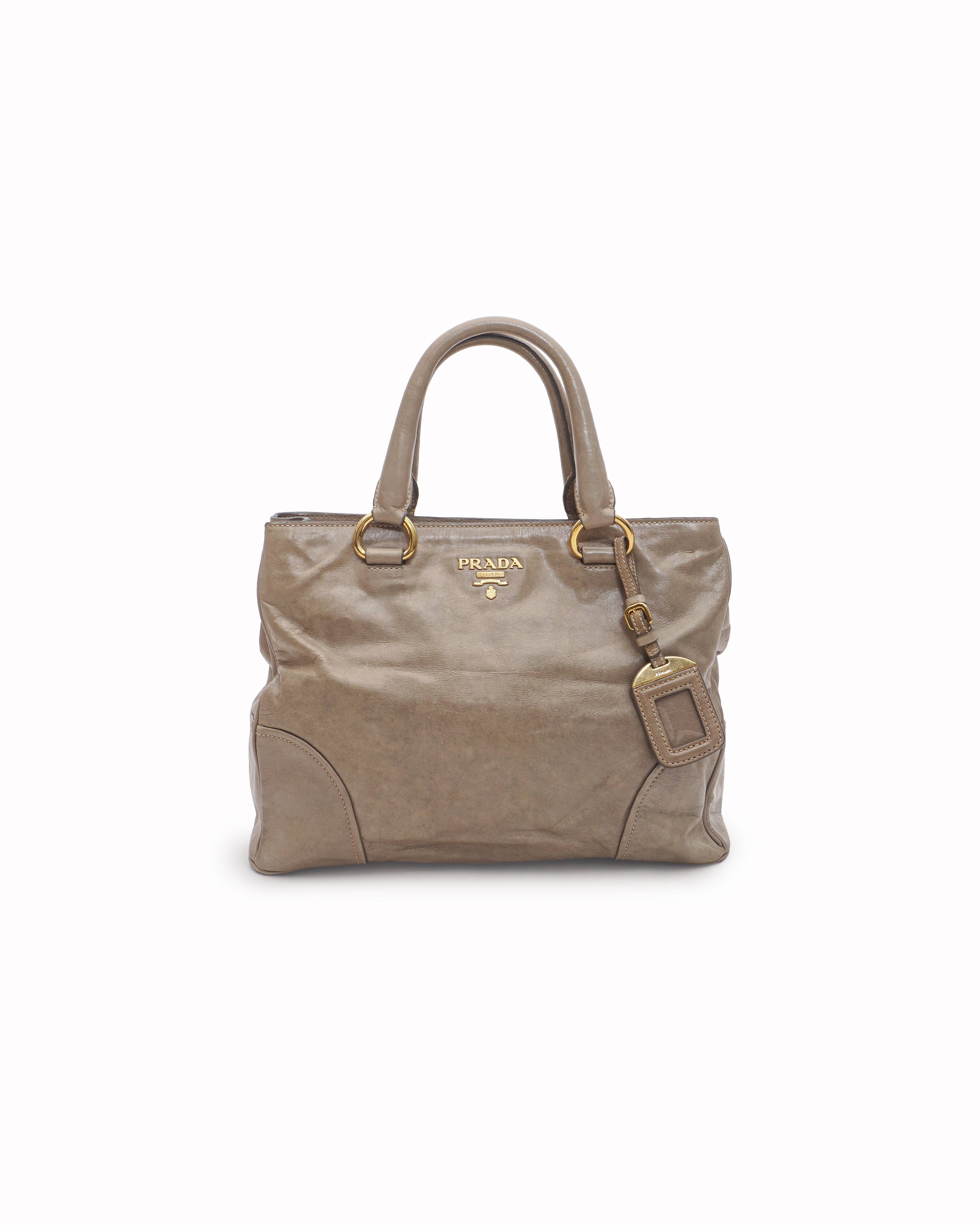 Prada Beige Vitello Shine Distressed Leather Tote Bag