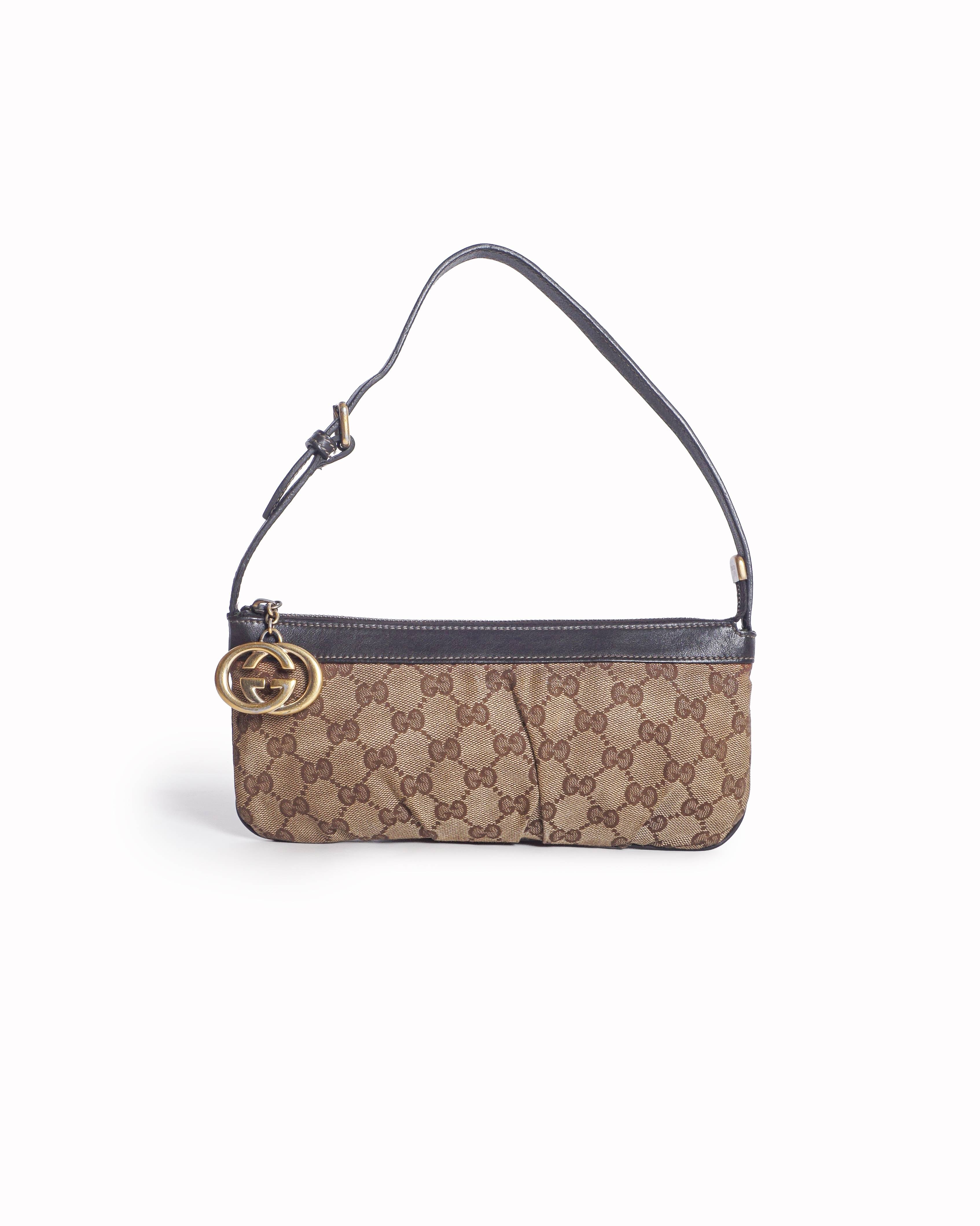 Gucci Beige & Brown GG Canvas Interlocking Logo Pochette Bag